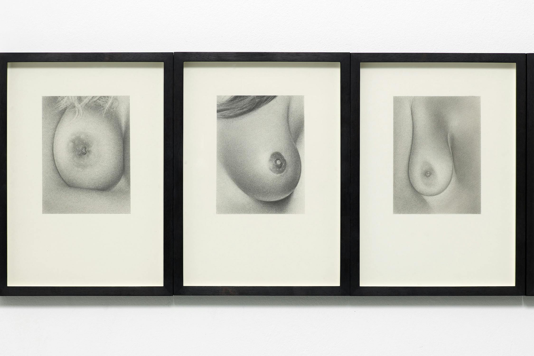 Three framed graphite drawings of breasts installed on a white wall.