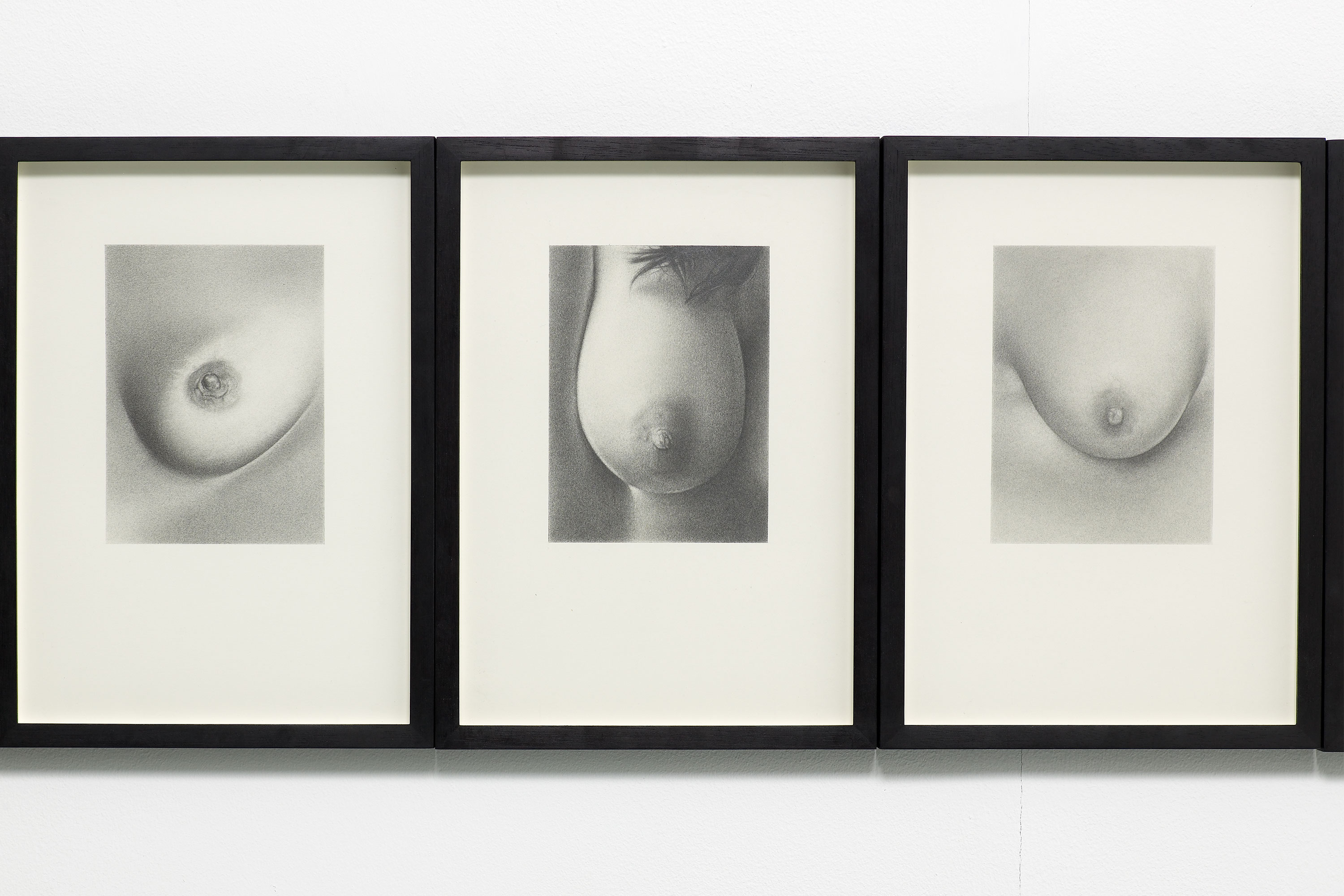 Three framed graphite drawings of breasts installed on a white wall.