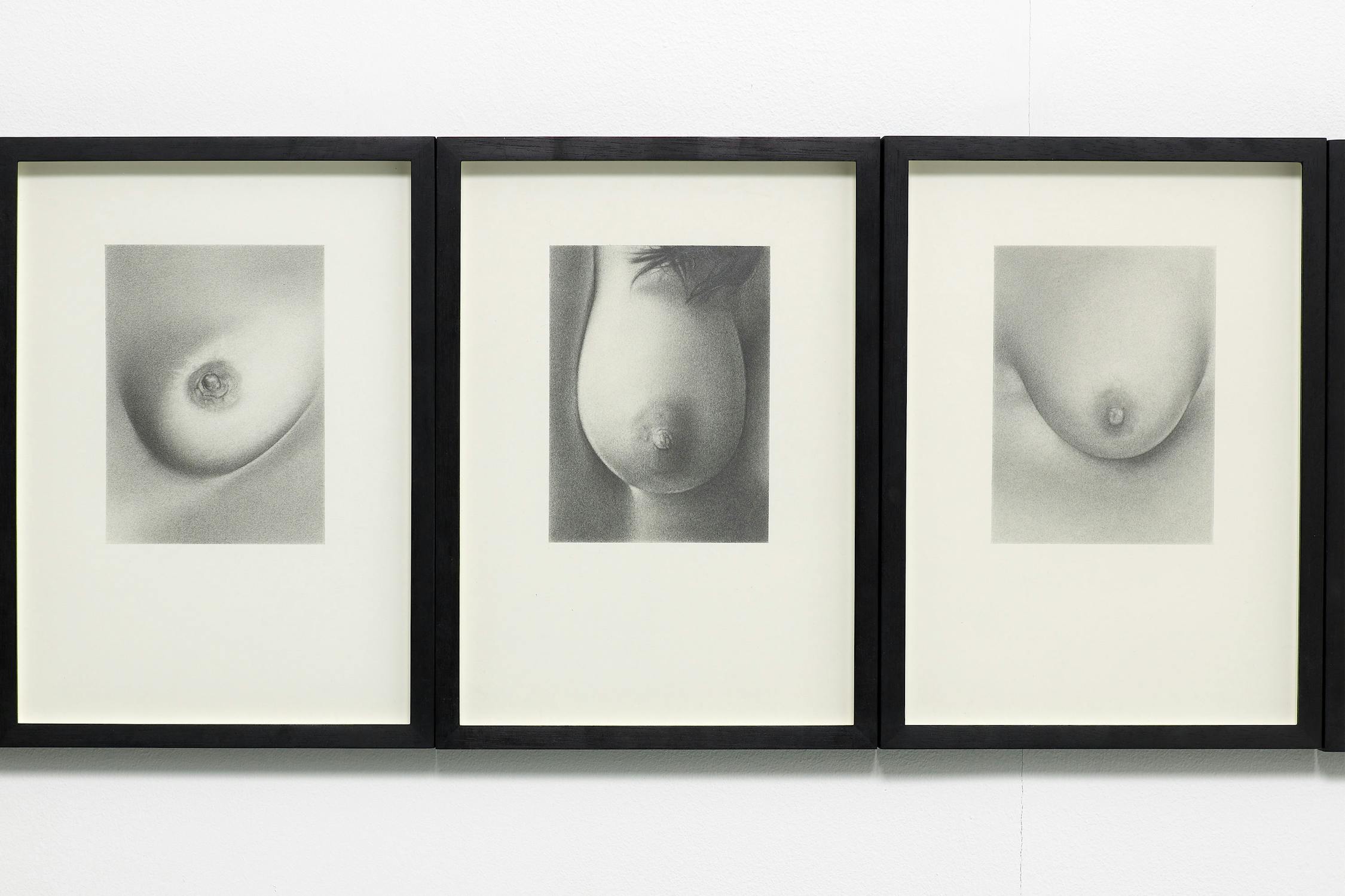 Three framed graphite drawings of breasts installed on a white wall.