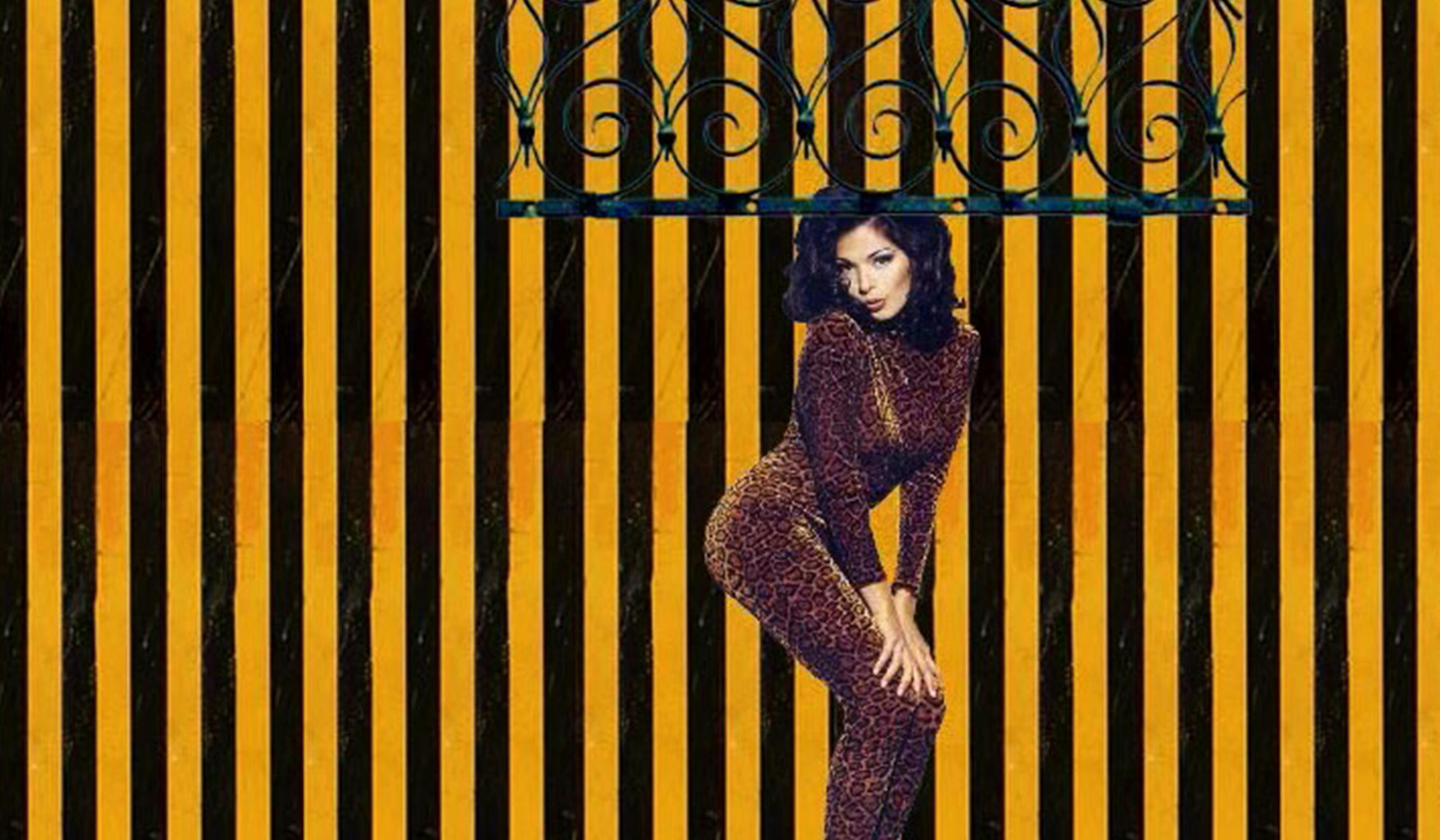 A person in a leopard print outfit poses in front of a black and yellow striped background. A decorative wrought iron element hangs above them.