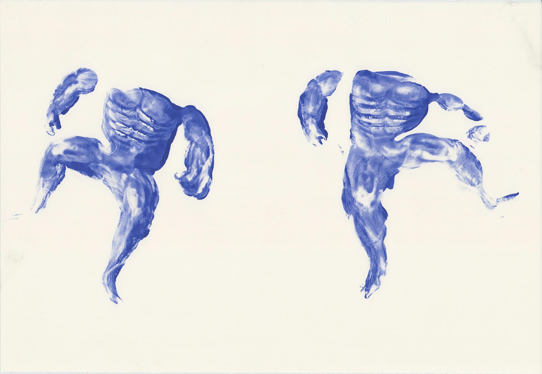 Two abstract, blue-painted figures with muscular torsos and limbs, each in dynamic poses. The figures lack heads and are positioned against a white background. The brushstrokes create a sense of movement and energy.