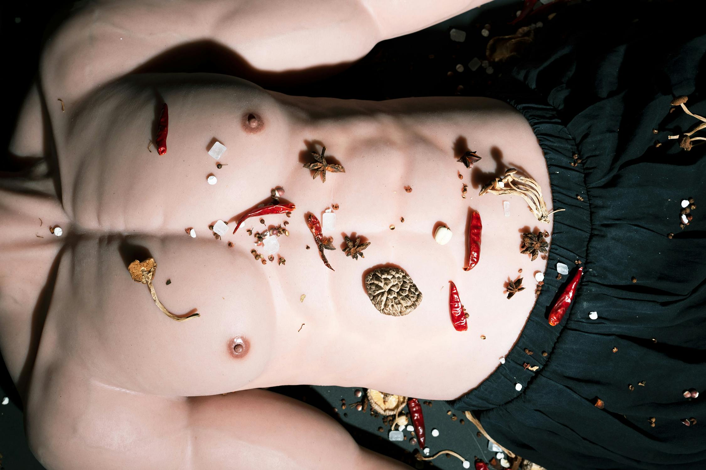 A close-up of a male torso with a bare chest and black pants, covered in various spices, including red chilli peppers, star anise, and dried herbs. The spices are scattered across the skin and surrounding area.