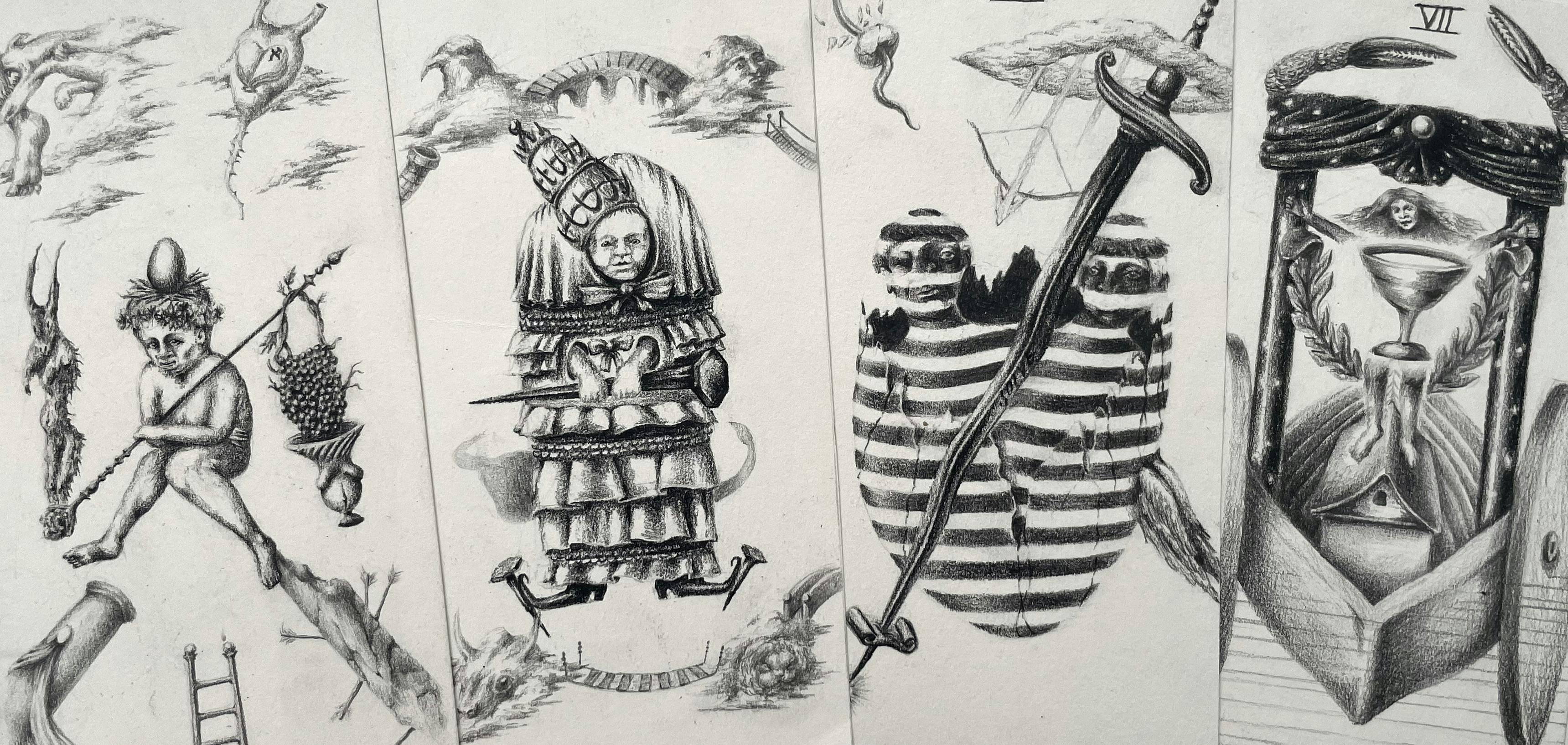 A surreal illustration featuring four distinct scenes: a humanoid figure with goat elements, a robed figure in a dome, two figures in striped clothes, and a scene with a skeletal figure holding a cup in a boat. Each scene contains fantastical and dreamlike elements.