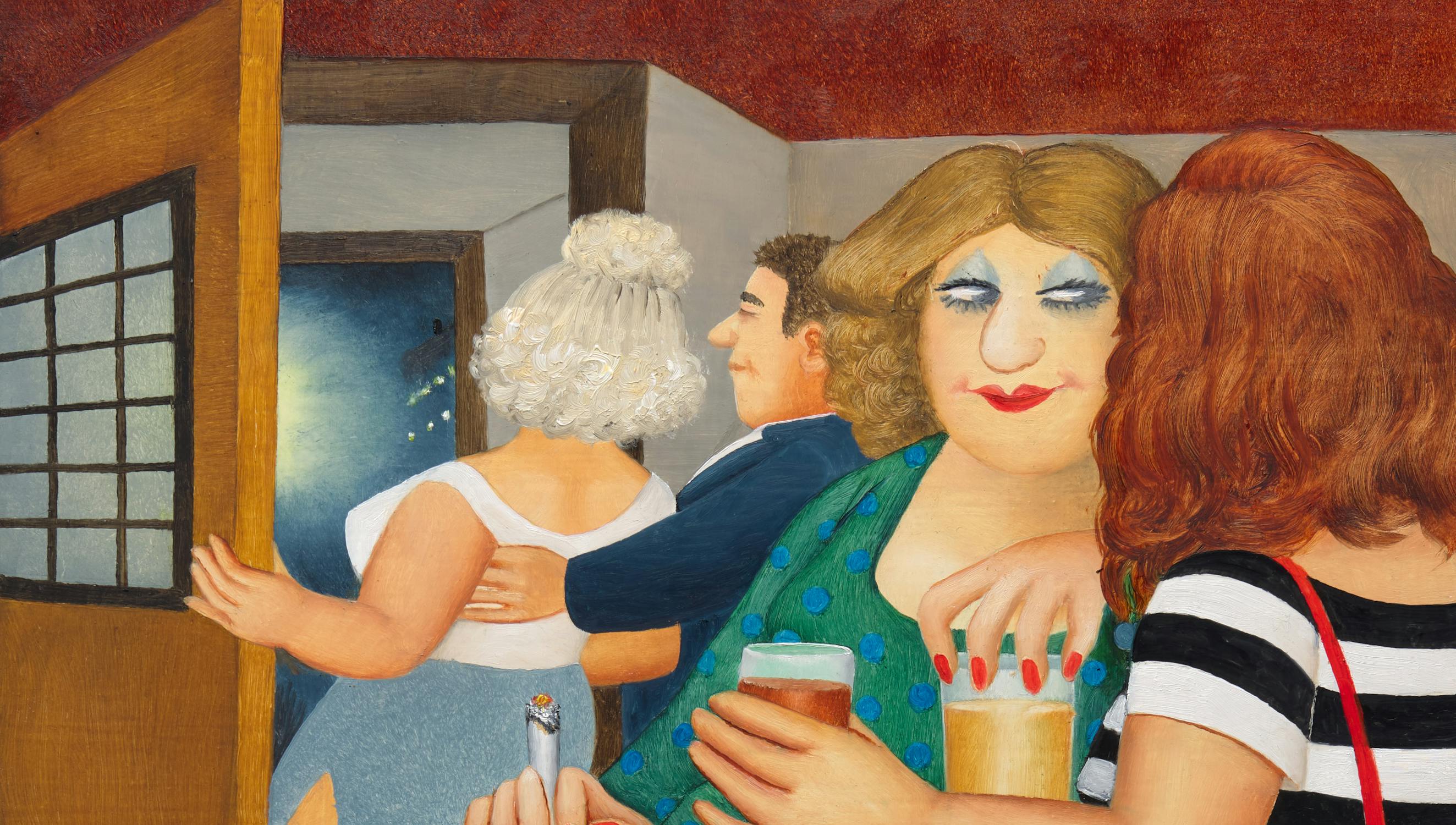 A painting of a lively bar scene with four people. One person holds a cigarette and drink, wearing dramatic makeup and a green dress. Another in a striped shirt also holds a drink. A couple is seen leaving through a wooden door in the background.