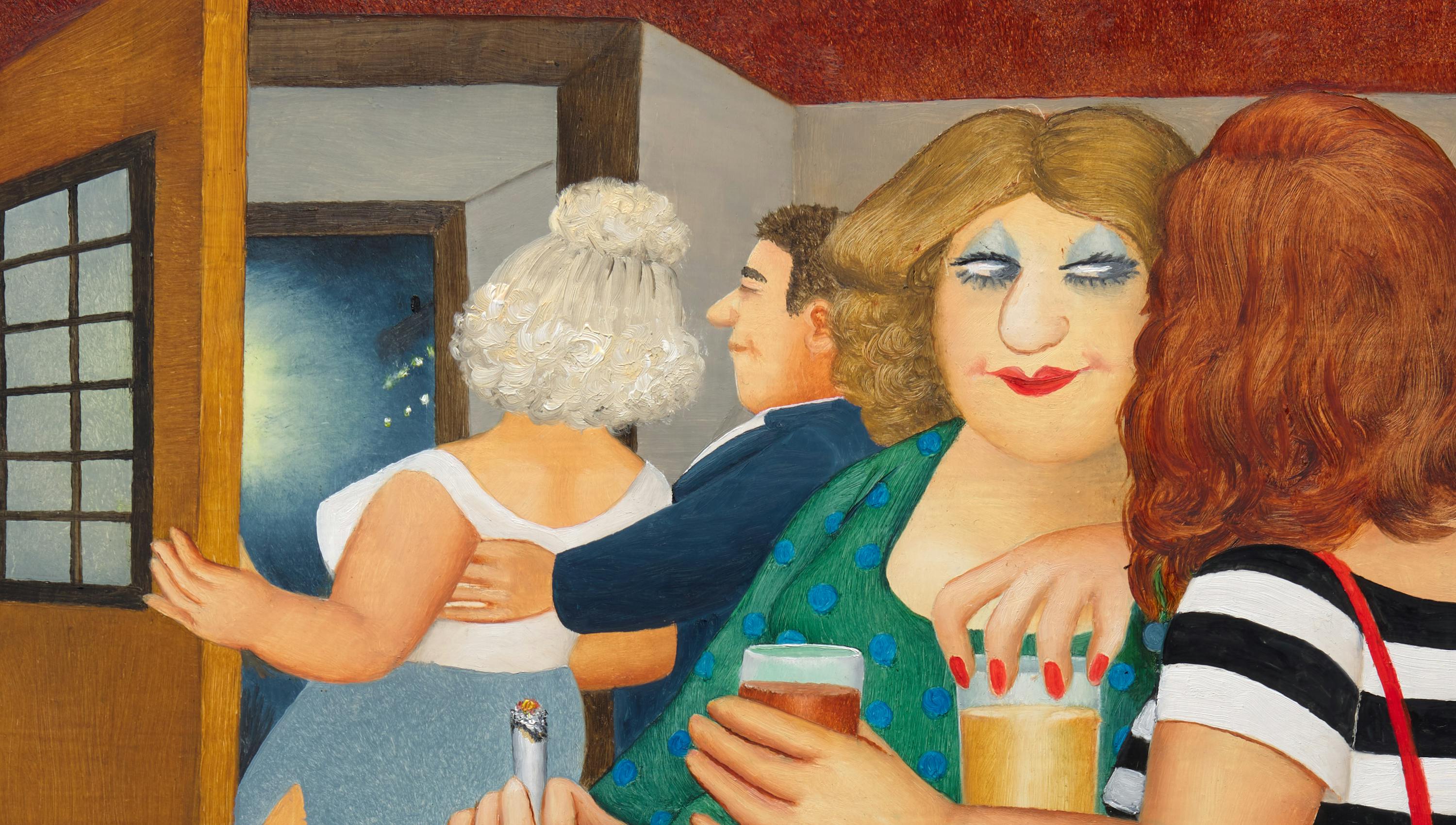 A painting of a lively bar scene with four people. One person holds a cigarette and drink, wearing dramatic makeup and a green dress. Another in a striped shirt also holds a drink. A couple is seen leaving through a wooden door in the background.