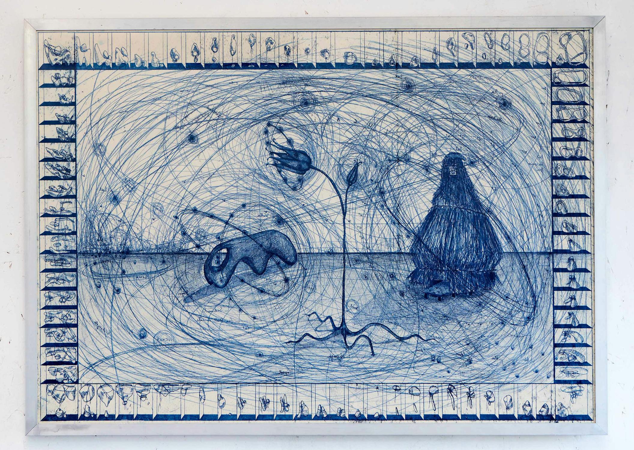 An abstract artwork featuring intricate blue lines and spirals on a white background. The swirling patterns interconnected by curving lines create an impression of movement and complexity, resembling a cosmic or neural network.