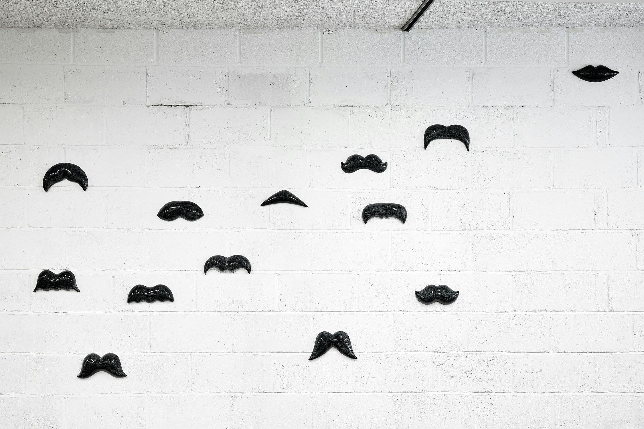 a photograph of an installation of sculptures that resemble moustaches, mounted on a white brick wall.
