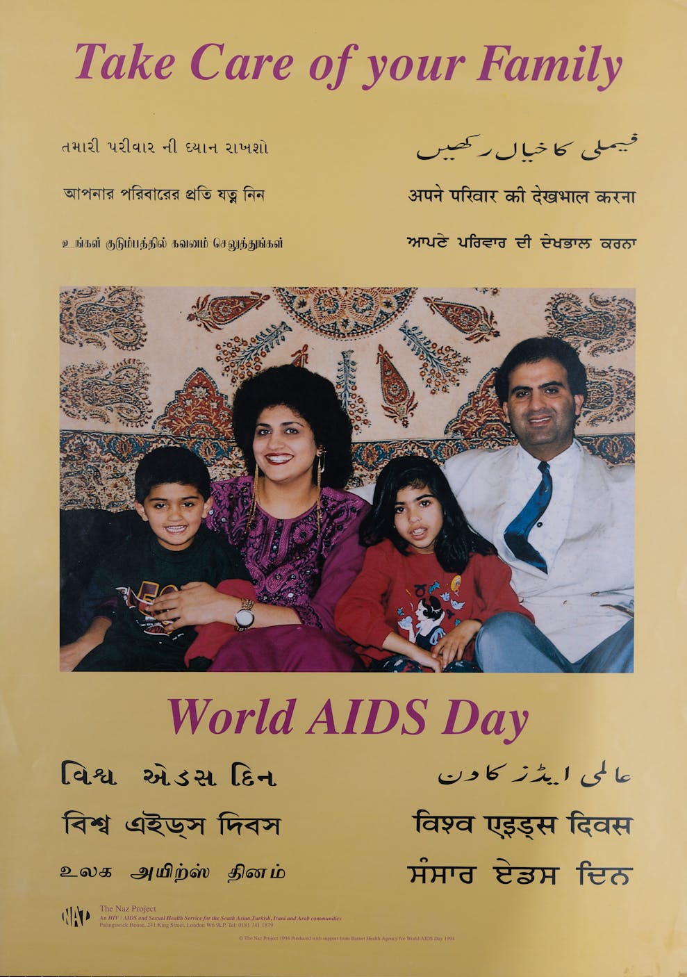 A poster featuring a smiling family of four sitting on a couch, with "Take Care of your Family" and "World AIDS Day" written in multiple languages against a yellow background.