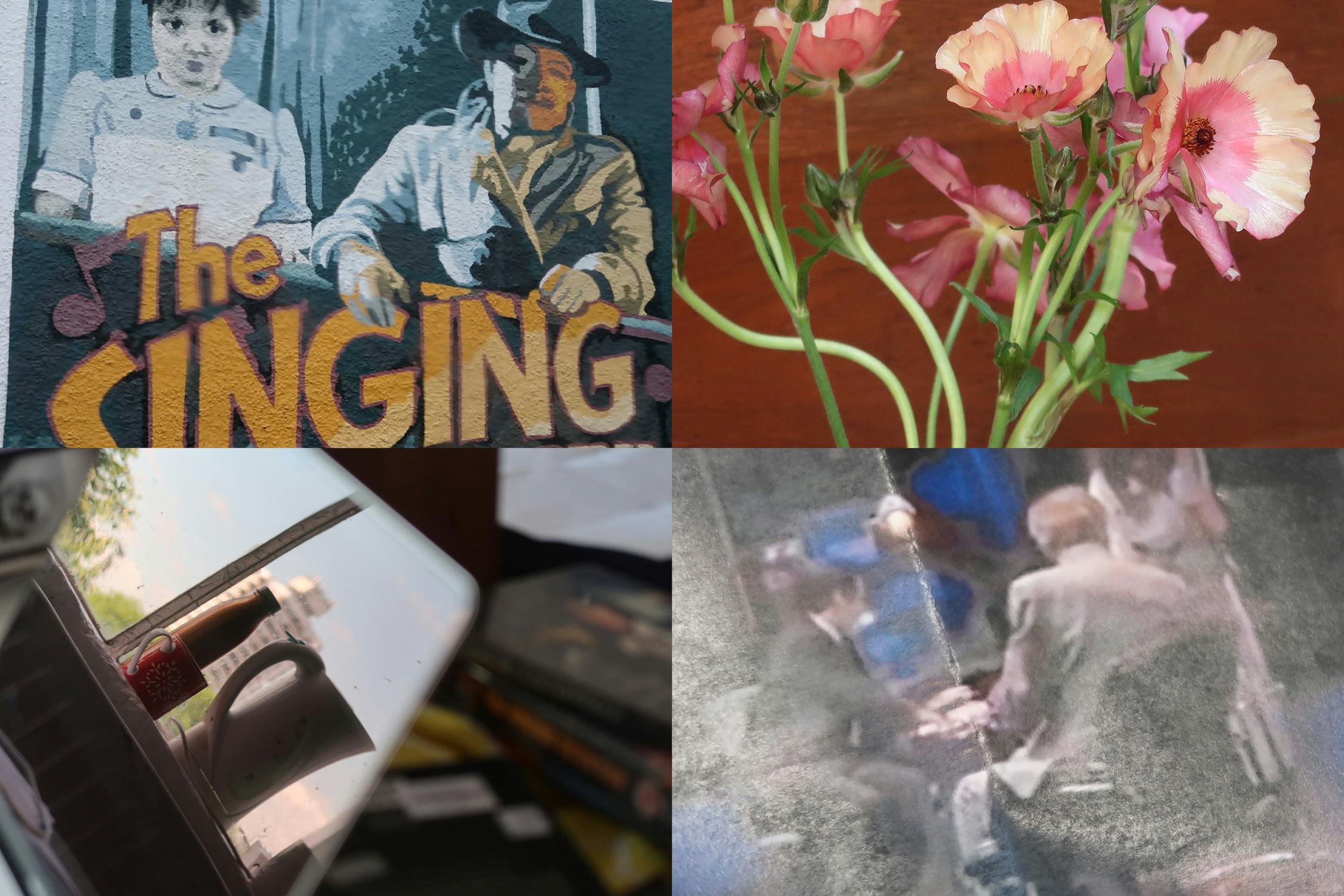 Four-part film still collage by Hilary Lloyd. Top left: a painted mural-style image of a man in a cowboy hat and a woman in a nurse's outfit, with bold text reading 'The Singing'. Top right: a close-up of delicate pink and peach flowers against a wooden background. Bottom left: a reflection of a teapot, a cup, and a bottle on a glossy surface, with books and a cityscape visible in the background. Bottom right: a blurred, grainy scene of people in suits seated and interacting, evoking a sense of surveillance or archival footage.