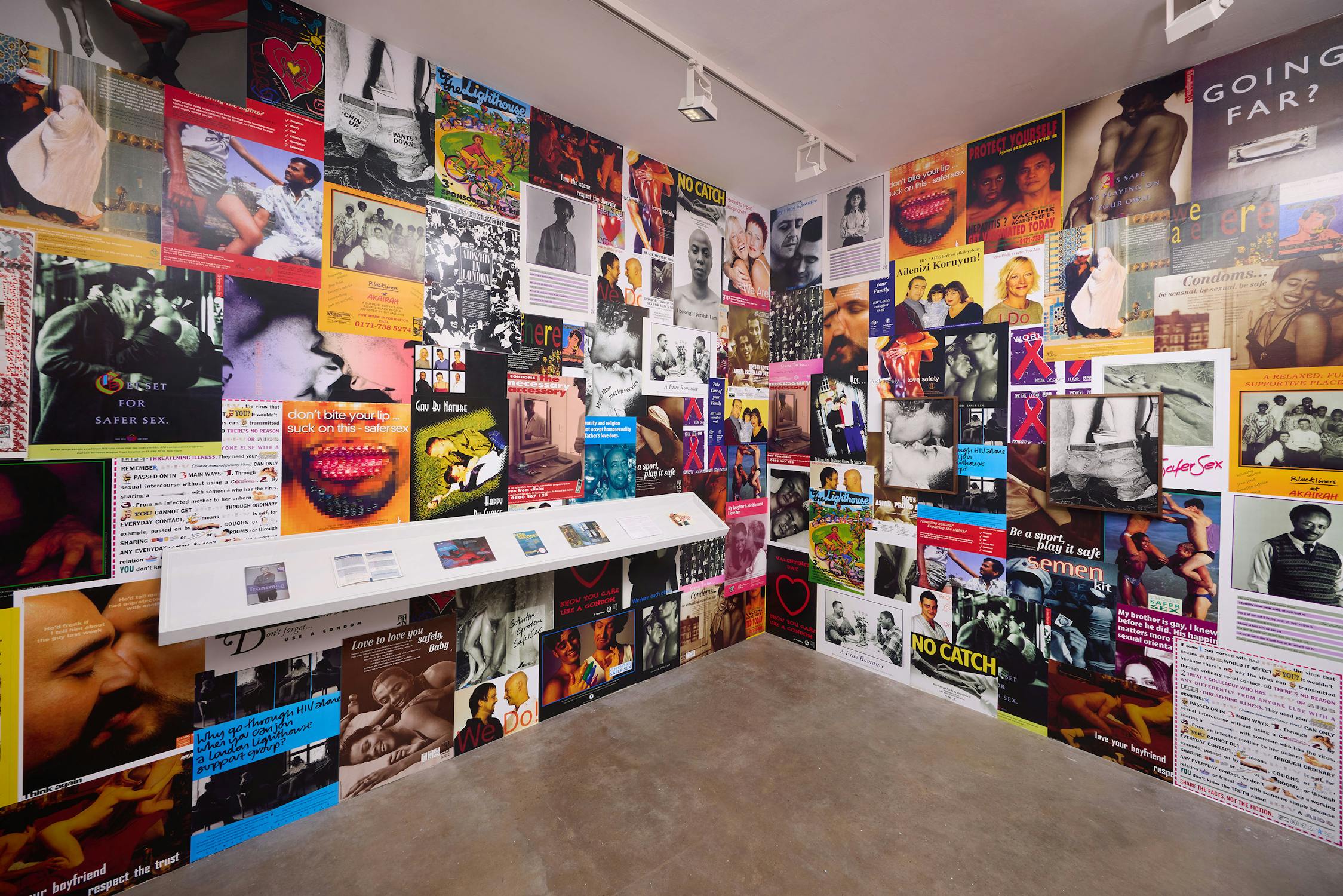Installation view of It’s A Love Thing at Studio Voltaire. A vibrant wall collage of posters, photos and flyers explores queer love, identity and sexual health. Presented by Spectra CIC and Studio Voltaire. Photo by Tom Carter.