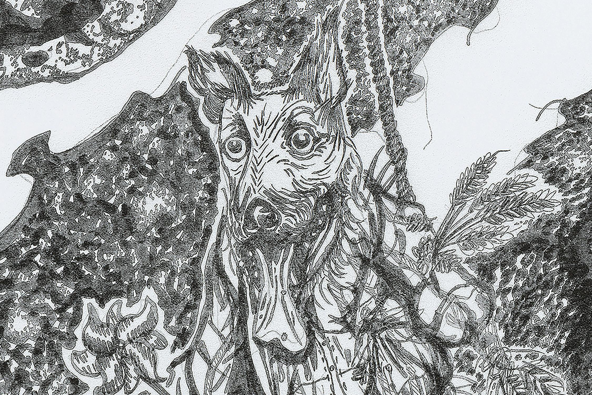 Detailed black-and-white pencil drawing by Caspar Heinemann of a dog with wide eyes and its tongue out, surrounded by textured leaves, flowers, and plants in a surreal, intricate style.
