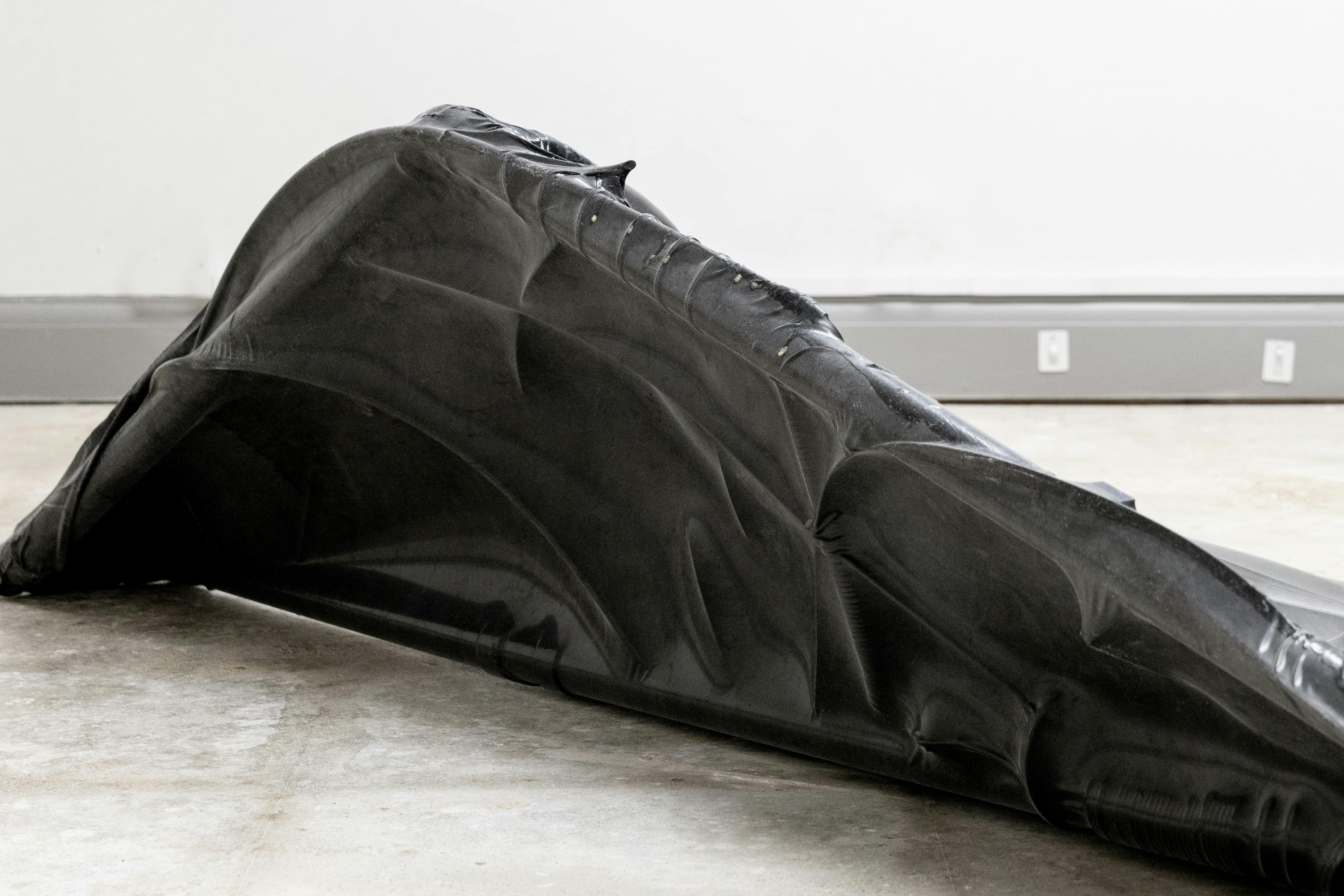 Chaney Diao's sculpture appears as a large, black object with smooth, undulating, fabric-like folds rests on a concrete floor against a white wall with grey skirting boards and exposed electrical sockets. The object appears abstract and organic, resembling draped material or a wing.