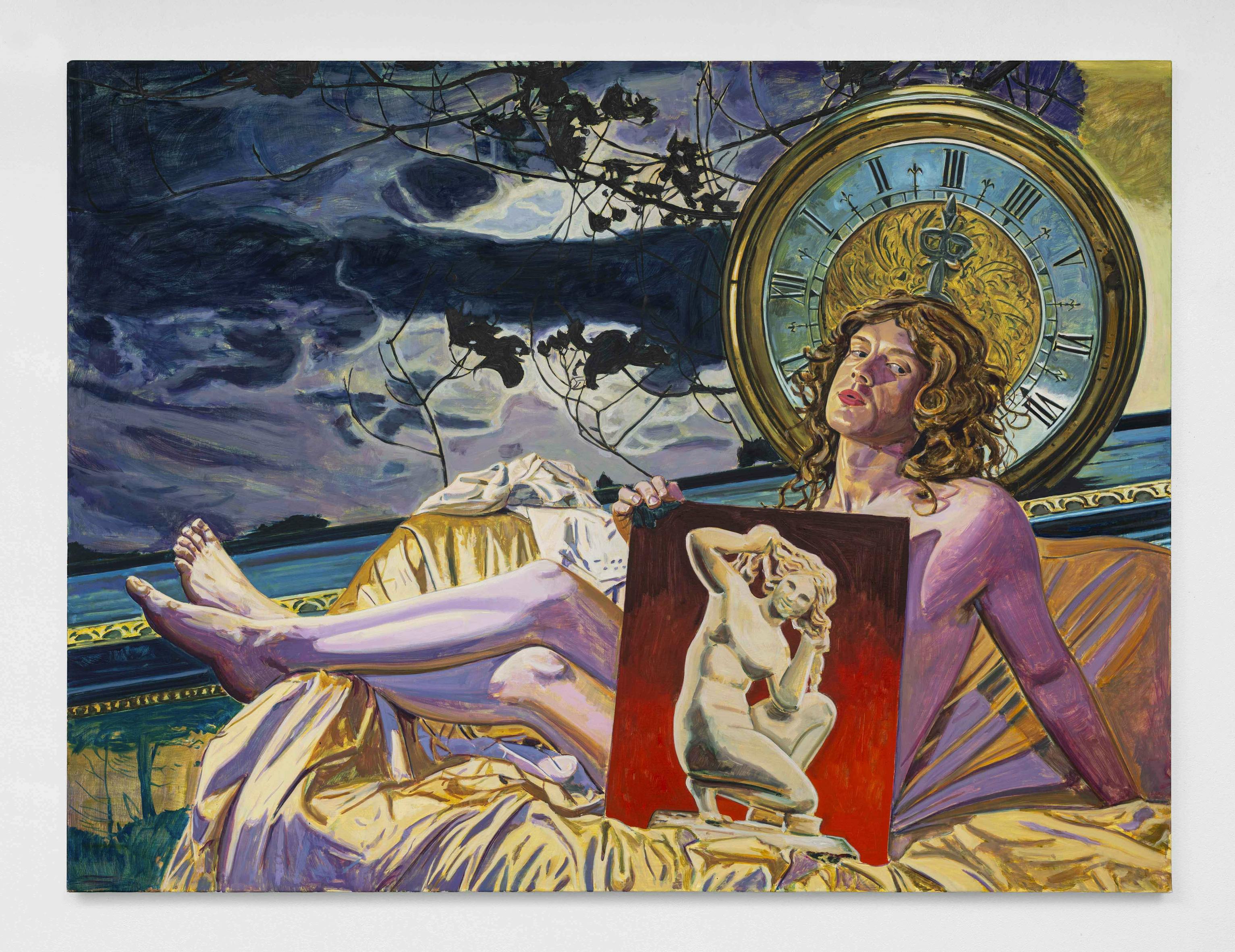 Lulu Bennett's painting shows a person with long curly hair reclines on gold fabric, holding a painting of a nude sculpture. Behind them is a large clock, and the dark sky is filled with dramatic clouds and tree branches. The scene is rich in colour and detail, evoking a surreal, dreamlike mood.