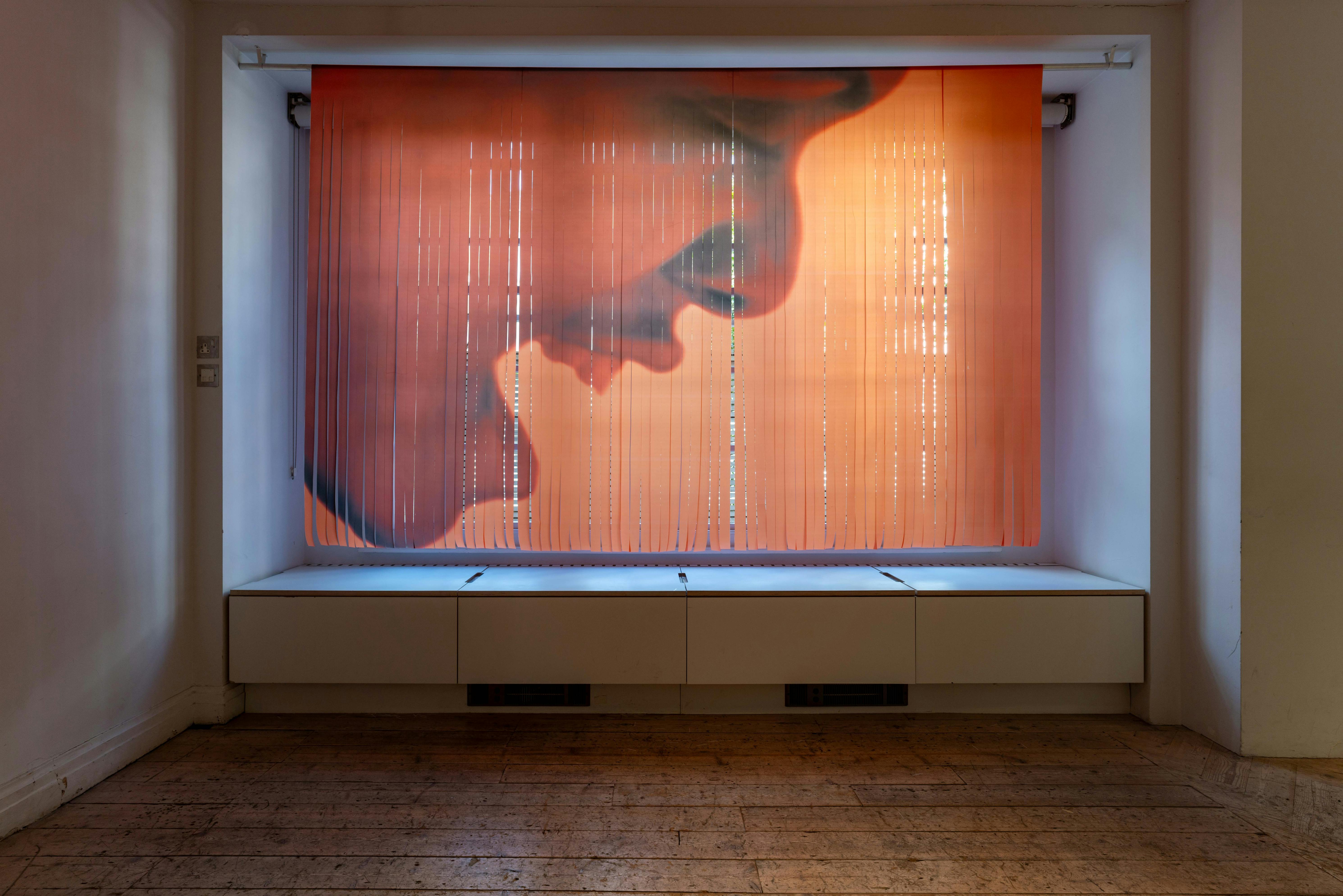 The image shows Shenece Oretha's work featuring a translucent curtain with a large, blurred image of a person’s face in profile, bathed in warm orange tones. It hangs in a window alcove above white cupboards. The room has plain walls and a worn wooden floor, giving a minimalist, modern atmosphere.