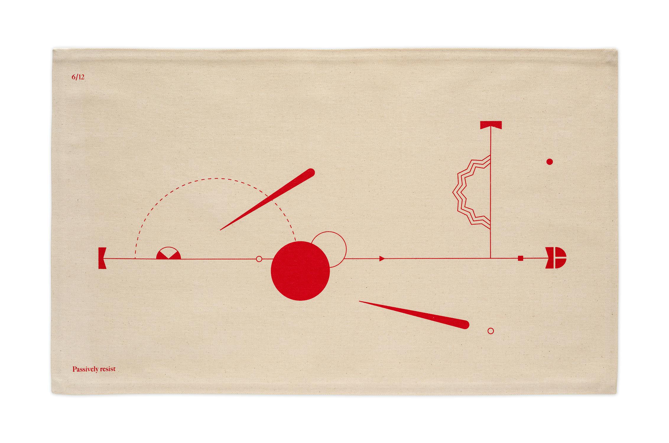 An artwork by Erdem Tasdelen featuring a minimalist geometric design in red, with circles, lines, dots, and arcs arranged abstractly. The number 6/12 and the text "Paweł Piotri" appear in the bottom left corner. The composition is clean and modern.
