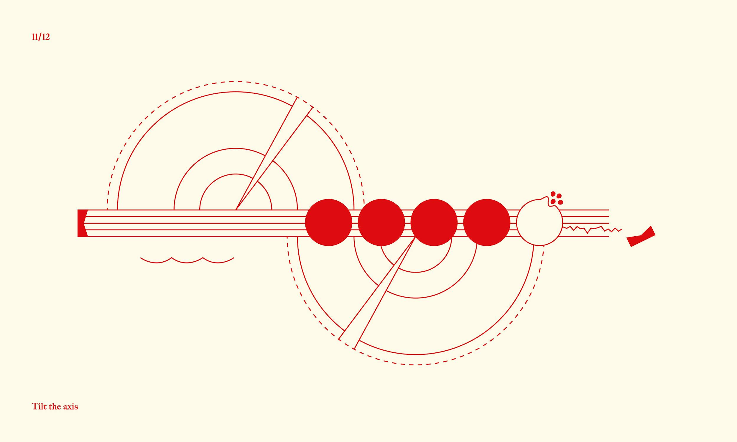 Minimalist abstract illustration with red geometric shapes: a horizontal striped bar with five red circles, overlapping semicircles, a small cluster of dots, squiggly lines, and dashed arcs. Beige background. Text reads “11/12” top left, “Tilt the axis” bottom left.