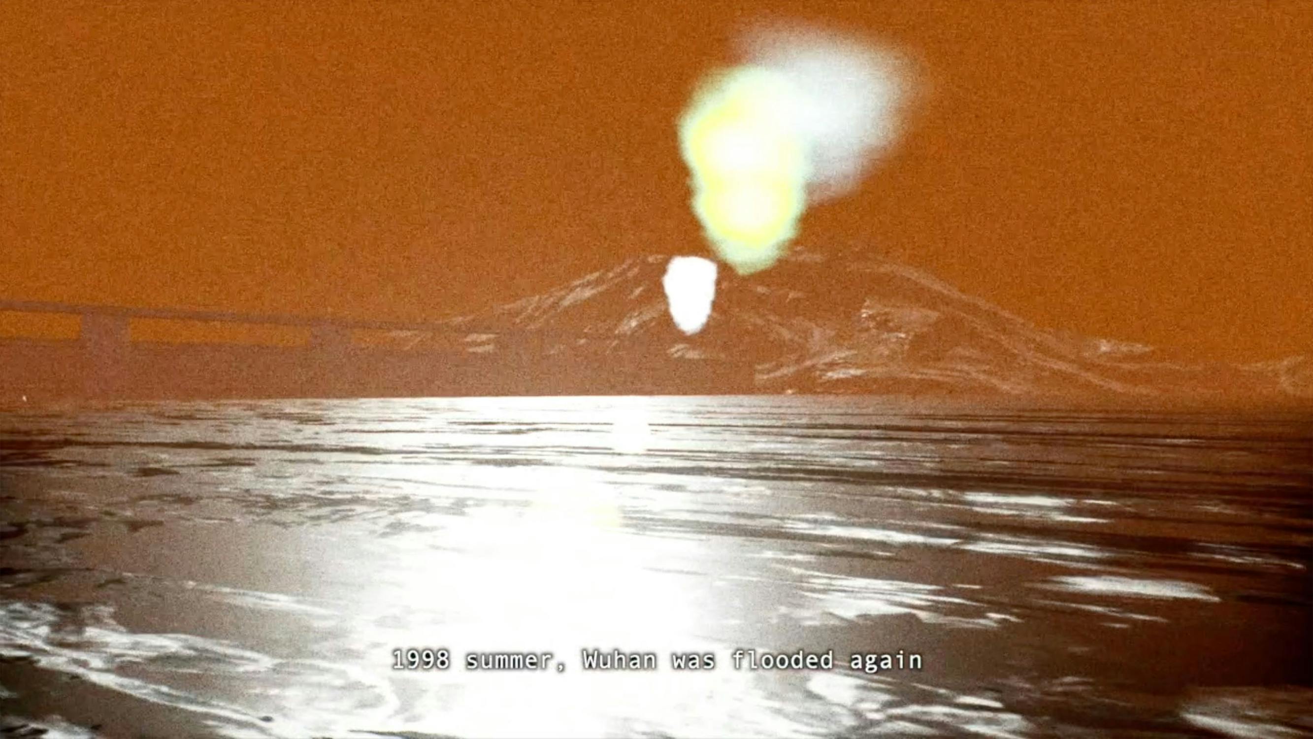 A sepia-toned image shows an icy river with a snowy mountain in the background. Bright, cloudy light appears above the mountain. A bridge stretches across the left side. Subtitle at the bottom reads: "1998 summer, Wuhan was flooded again.