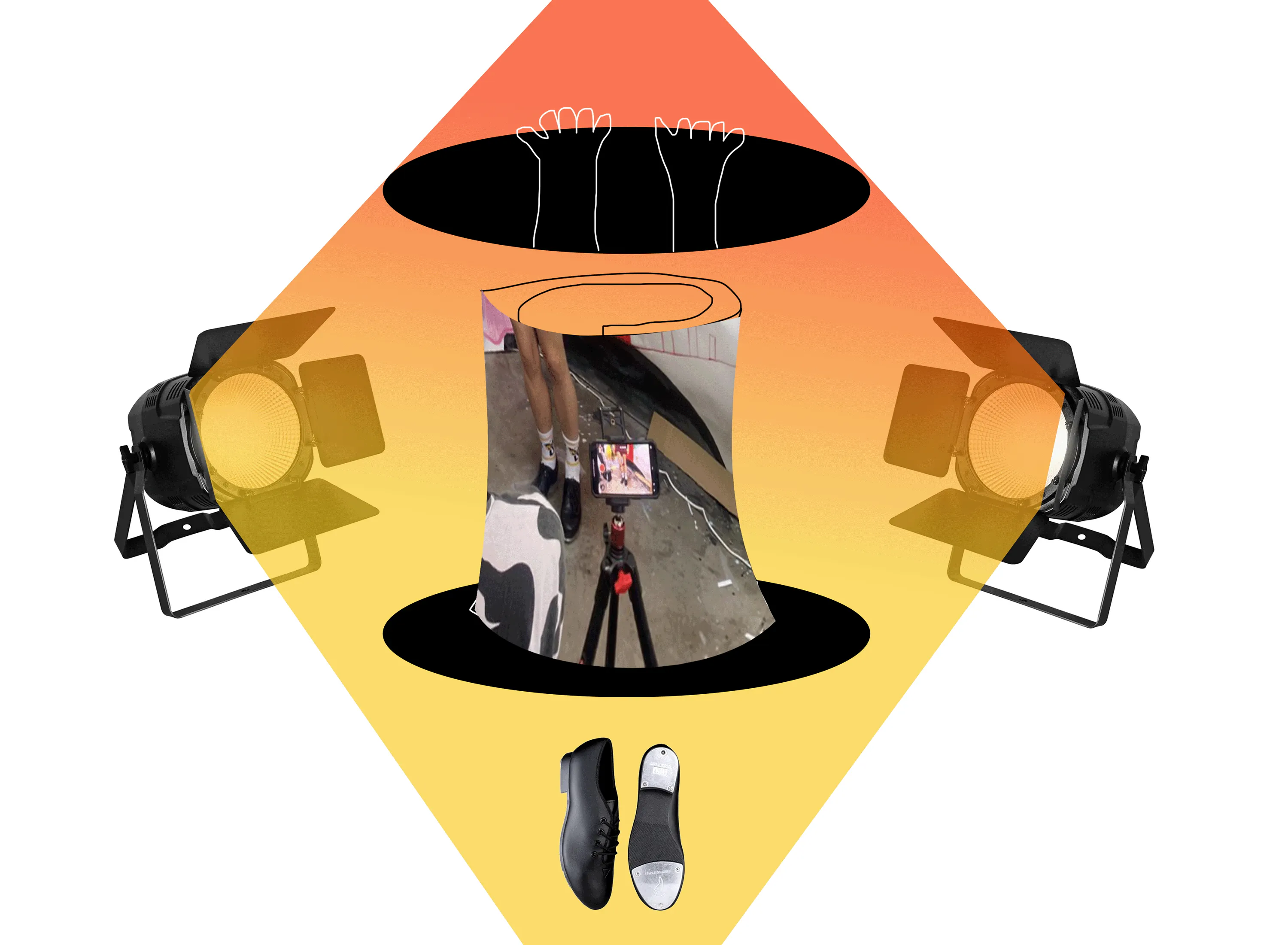 A collage features two stage lights facing a central mirrored cylinder reflecting legs and trainers, a tripod with a mobile, illustrated bare feet above, and a pair of black-and-white shoes below, all set against an orange-yellow gradient diamond background.