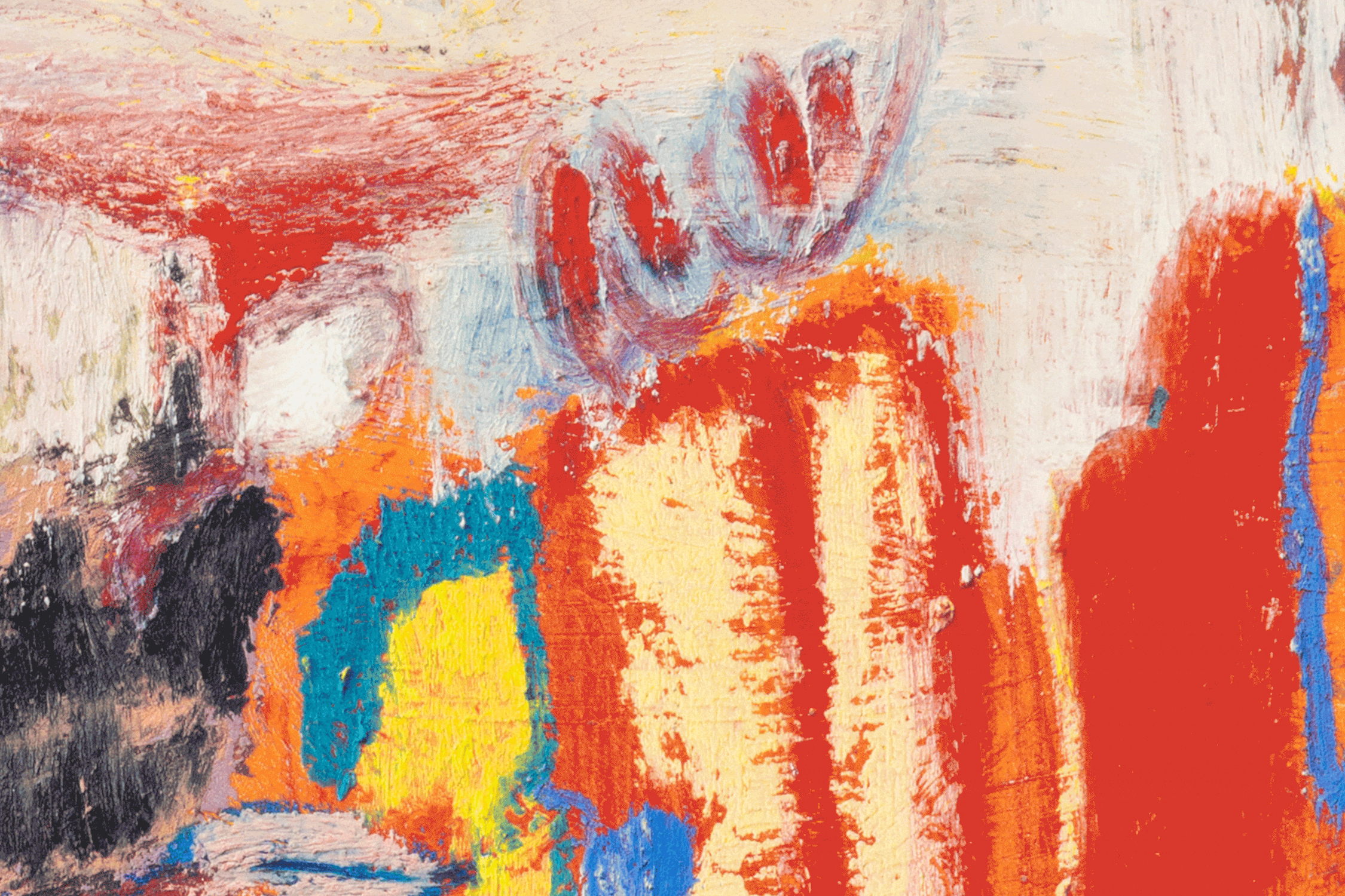 Abstract painting with bold, textured strokes. Dominant colours include red, yellow, orange, blue, and black. The image features vertical red stripes, a blue patch, and curved grey shapes, all blending with rough, layered brushwork on a beige background.