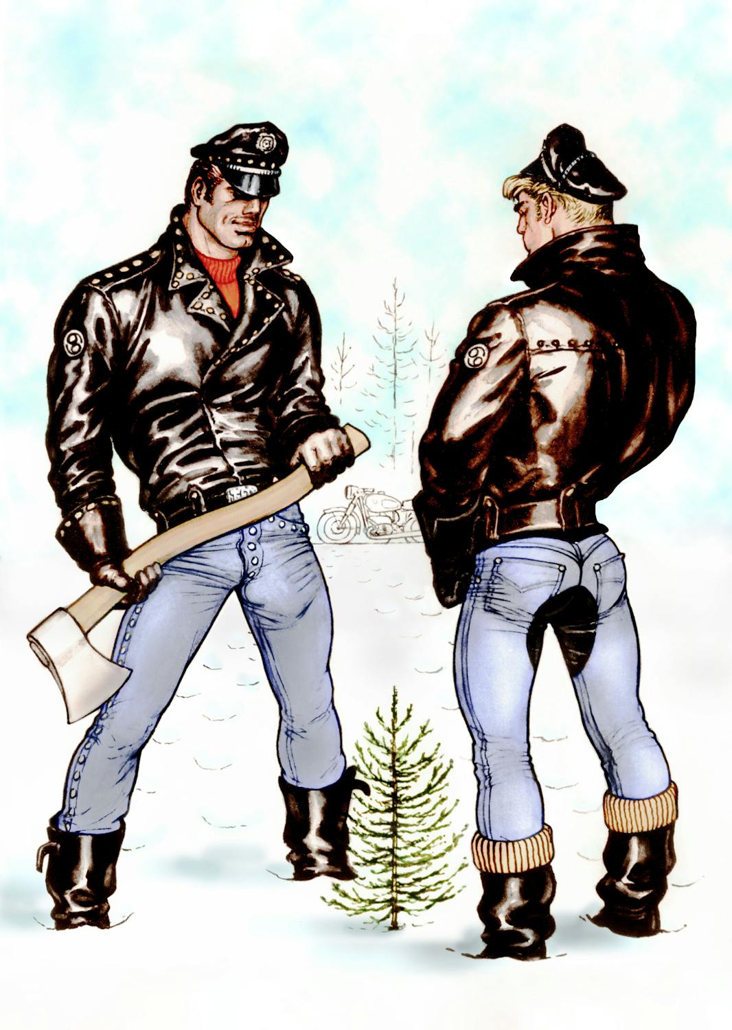 Two muscular men stand outdoors in snow, both wearing black leather jackets, hats, tight blue jeans, and boots. One holds an axe and faces forwards; the other has his back turned, showing a jeans cut-out. A small pine tree and a motorbike are in the background.