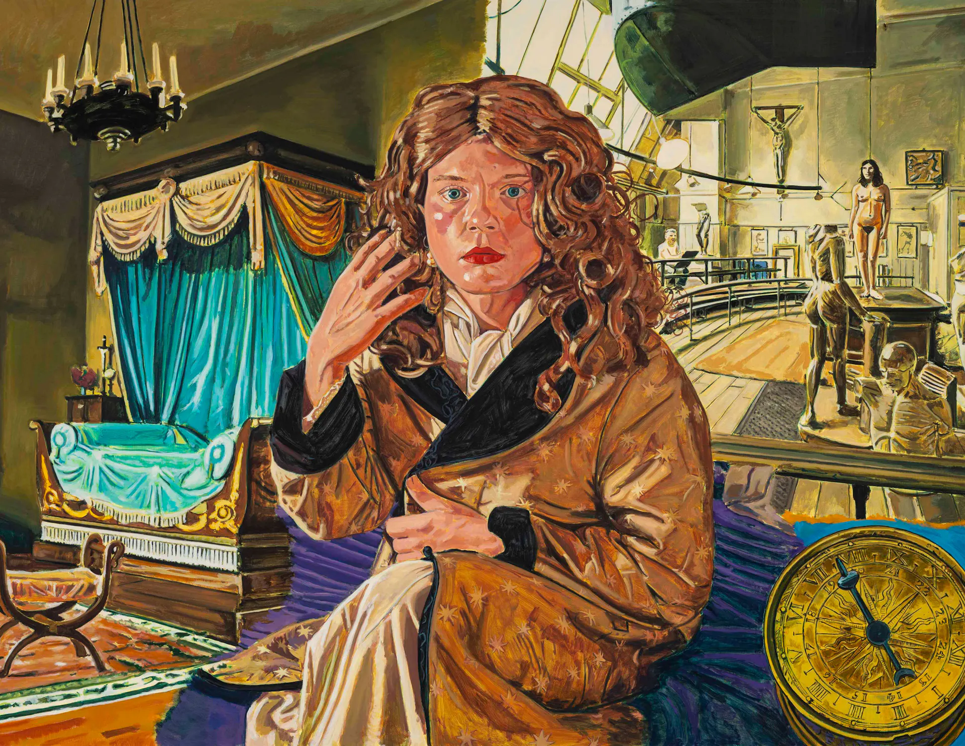 A woman with curly hair and a tan dressing gown sits on a purple rug in a vintage room with a blue-canopied bed. Behind her, a museum with classical statues and a crucifix appears. An antique golden compass is in the right corner. Light streams from large windows.