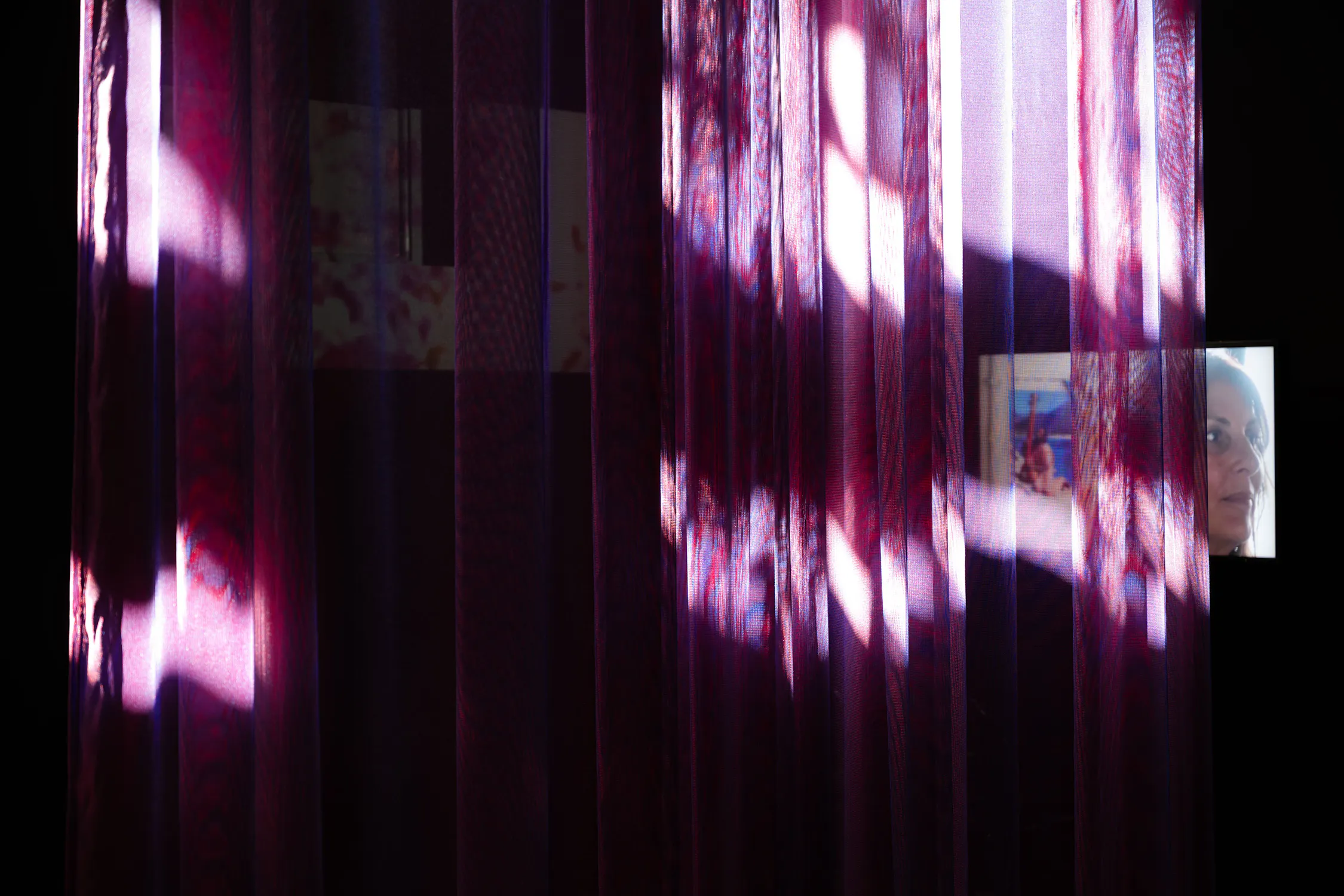 Sunlight streams through sheer, purple curtains with leaf patterns, casting bright patches on the fabric. Behind the curtains, a wall displays blurred images or artworks. In the right background, part of a woman's face is visible in a photo.