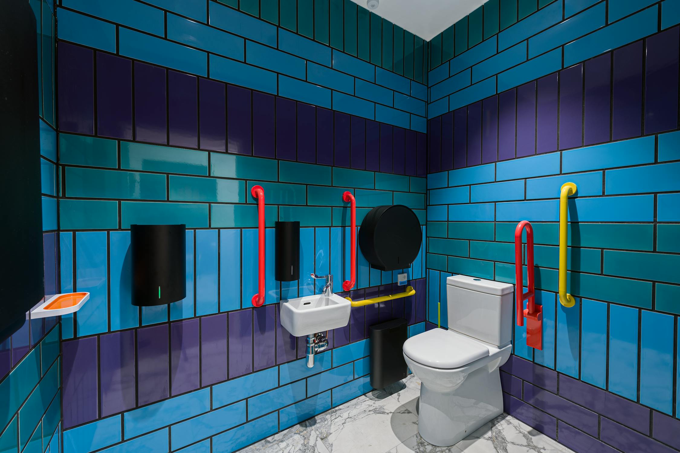 Accessible bathroom with blue and purple tiled walls, white toilet and basin. Red and yellow grab rails are next to the toilet and basin for support. Black toilet roll dispenser and waste bin are mounted on the wall. Floor is white and grey marble.