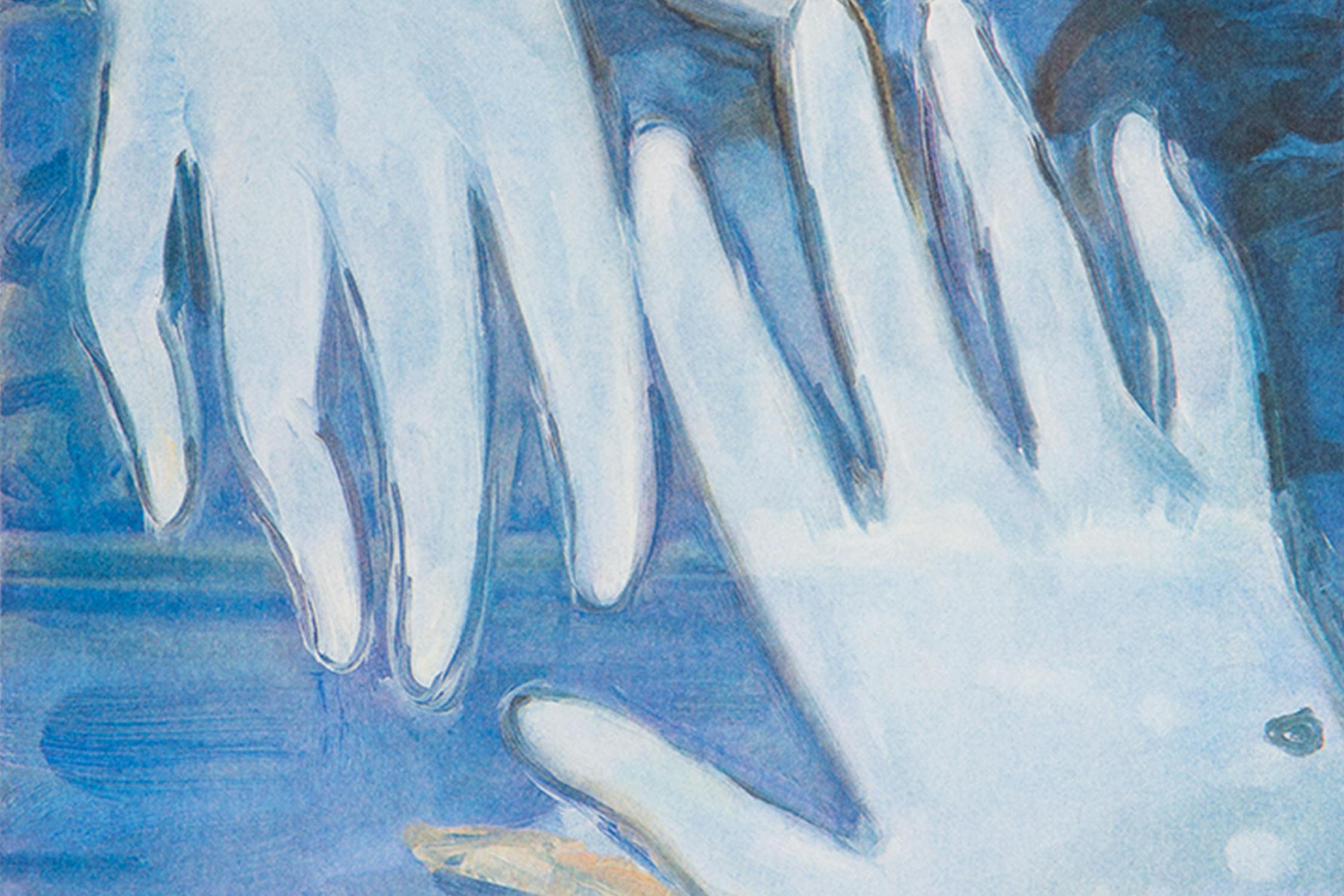 A watercolour painting by Kaye Donachie showing two white-gloved hands against a blue background. One hand reaches downward from above, whilst the other comes in from the right, palm open. 