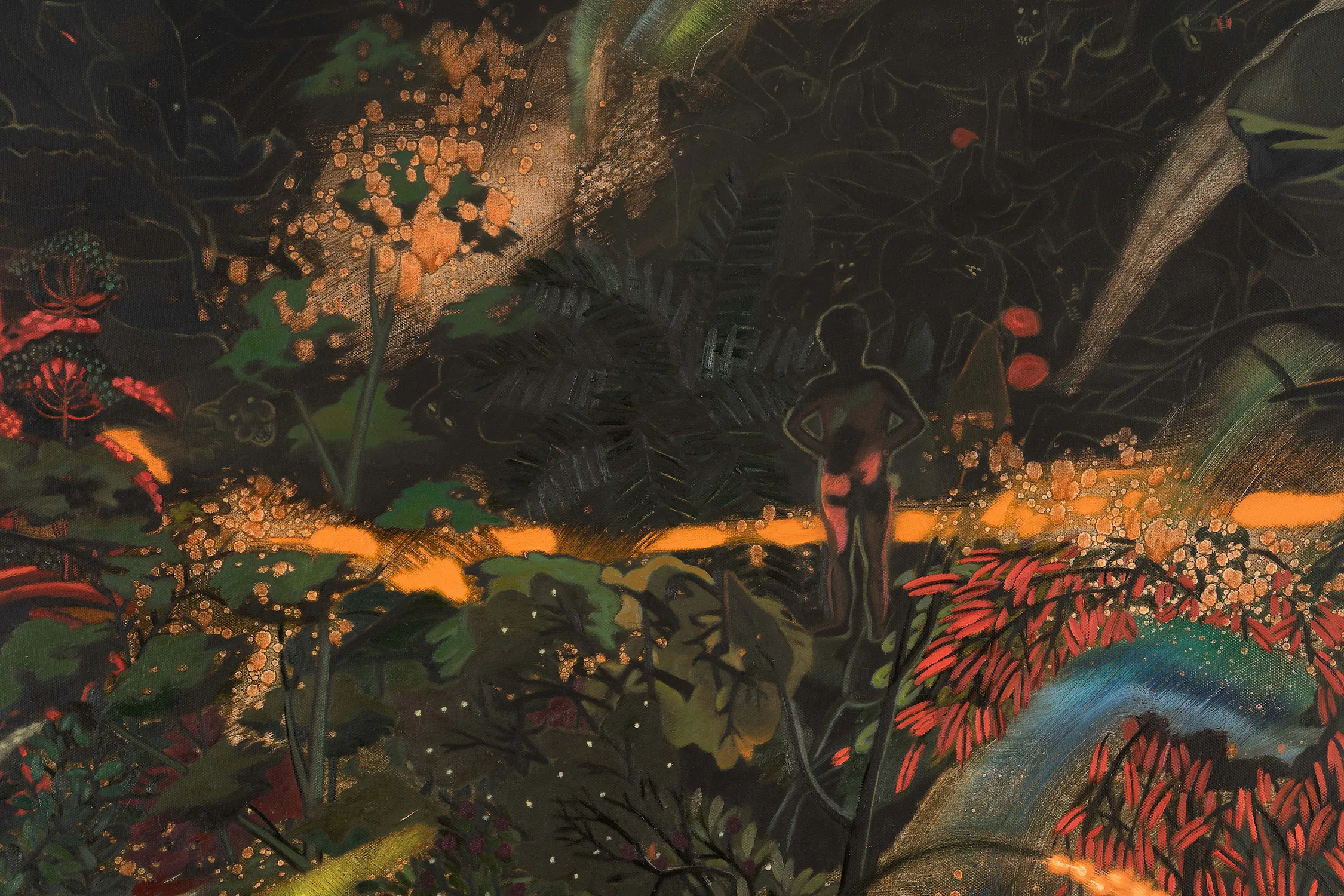 A silhouette of a person stands in a lush, dark forest surrounded by glowing orange and red foliage, illuminated by a warm, winding light. Ferns and large leaves fill the scene, creating a surreal, mystical atmosphere against the deep shadows.
