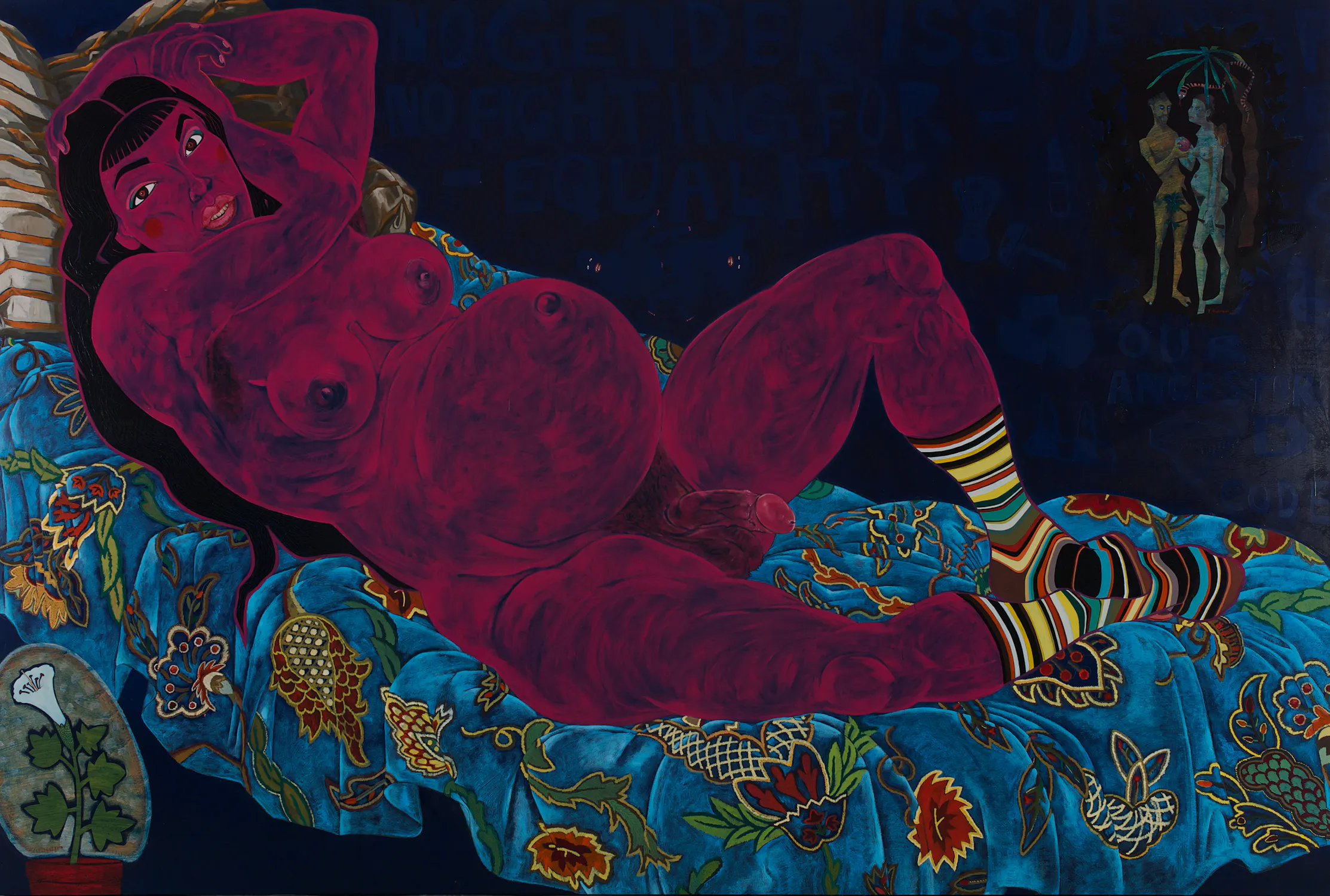 A nude, pregnant Trans person with deep magenta skin lounges on a vibrant floral blanket, wearing striped socks. The background is dark blue with faint, obscured text and shadowy figures. The scene blends realism and surrealism, evoking themes of gender, identity, and equality.