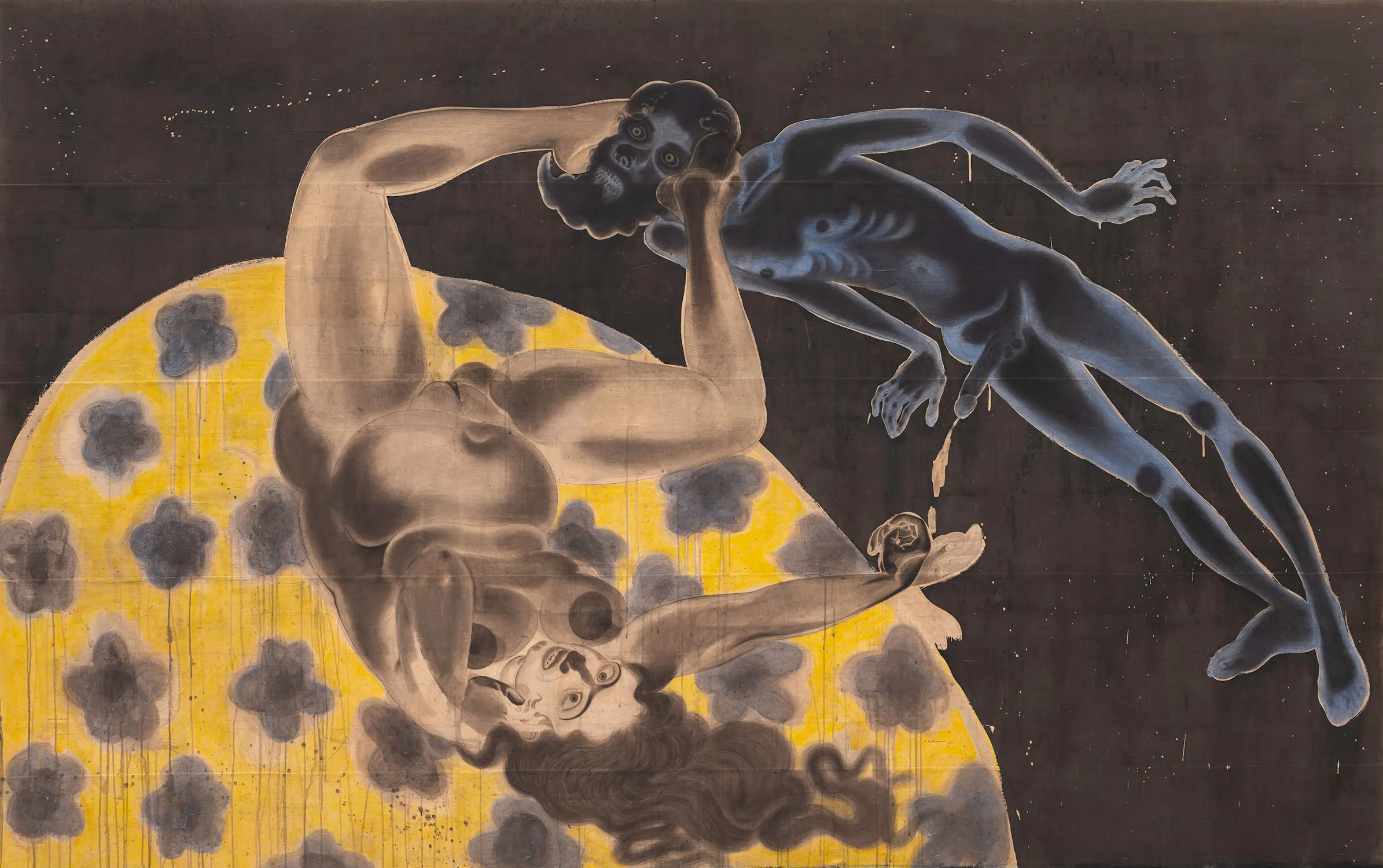 A surreal painting shows two nude, distorted human figures. One, painted in shades of yellow and grey, reclines on a patterned yellow surface. The other, blue and ethereal, floats above. Both have exaggerated features and dramatic facial expressions. The background is dark.