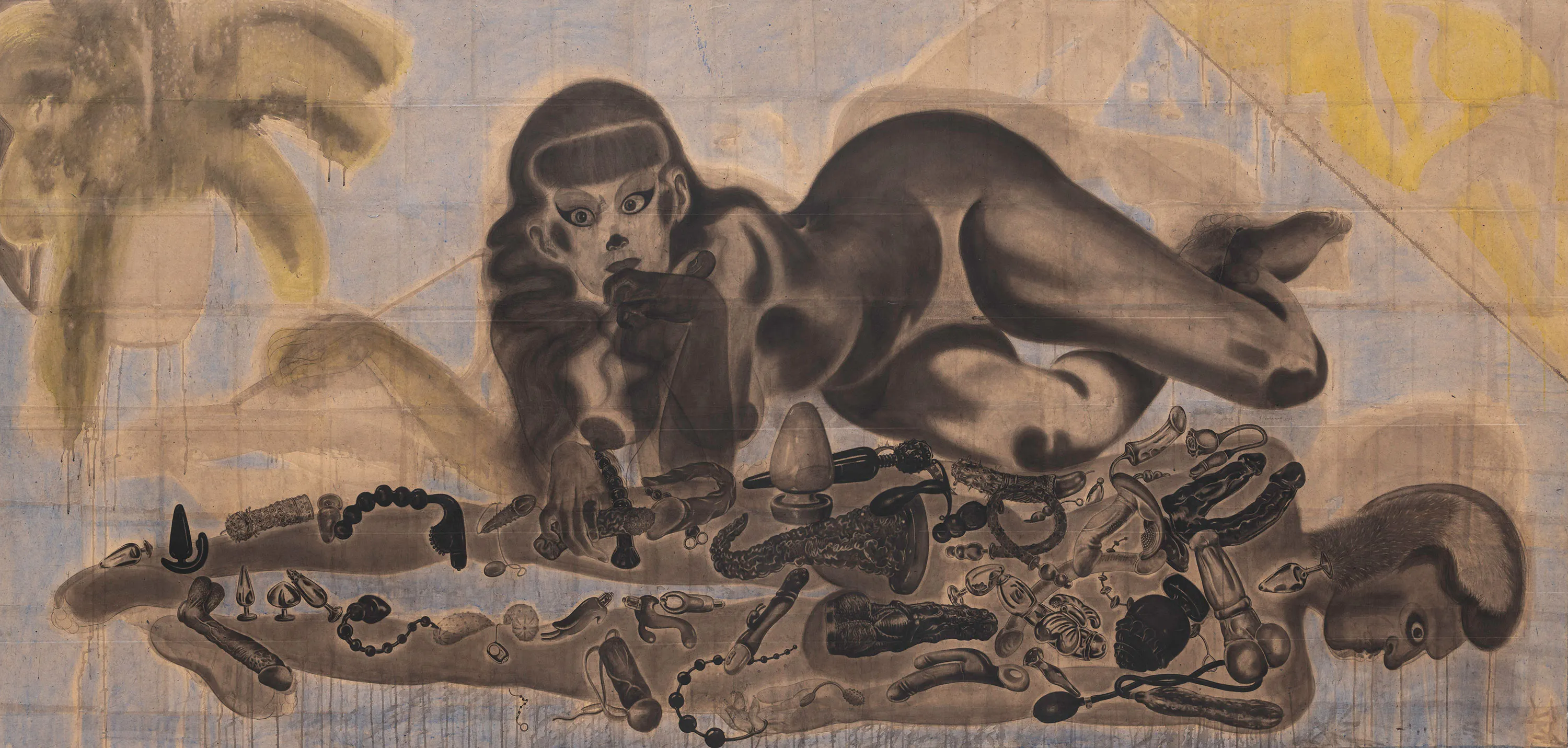An inky mural depicts a nude female figure with exaggerated eyes reclining on their side, against a pale blue and yellow background. In front, an array of dark, detailed sex toys are scattered on the a reclining male figure