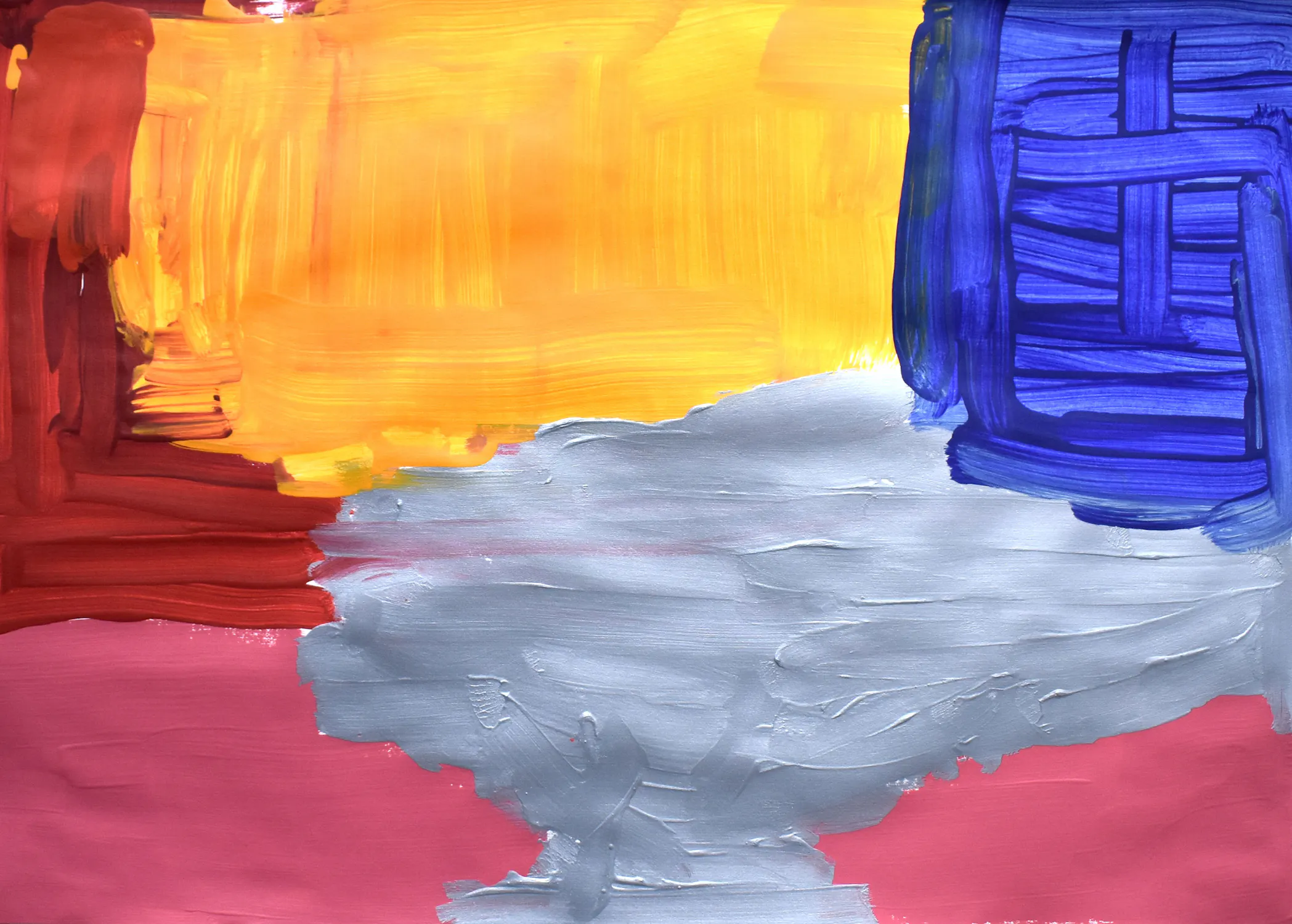 Abstract painting by Charlotte Maclean with bold, broad brushstrokes: top left is deep red, top centre is vibrant yellow, top right has a blocky blue section, bottom is maroon, and the centre features an irregular, cloud-like shape in metallic silver.