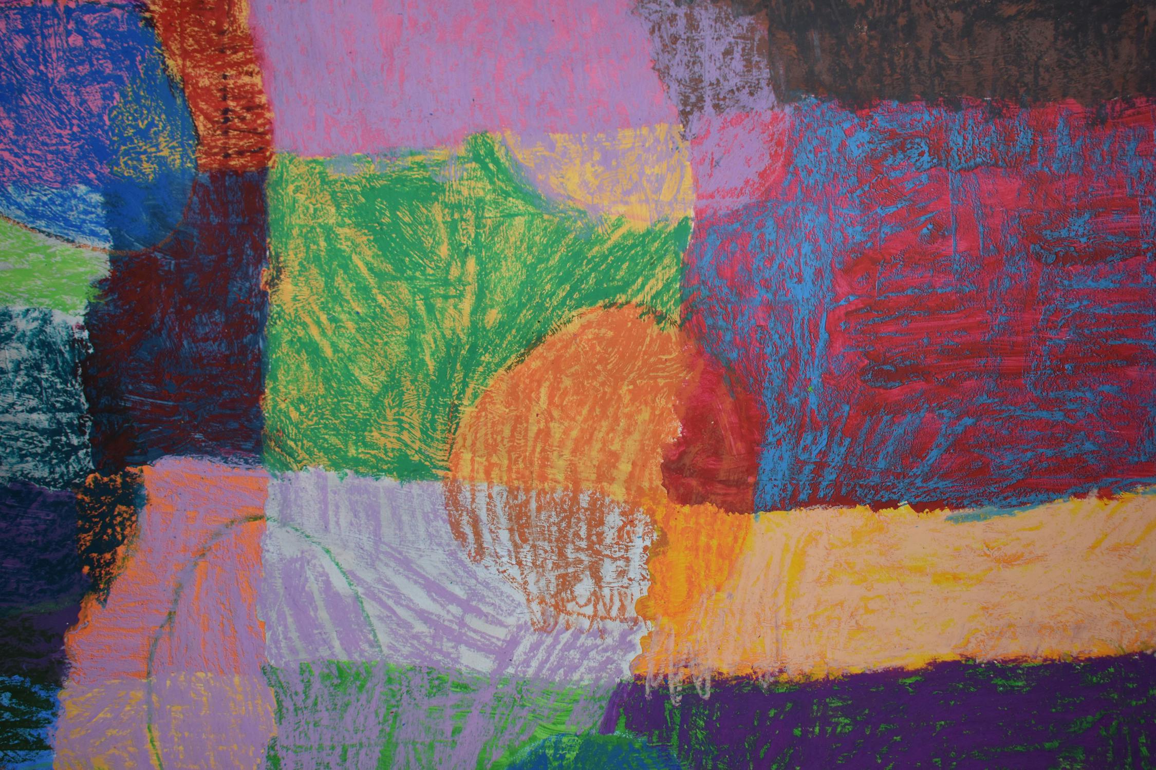 Abstract artwork by Ibrahim Okere Keelson, made with broad, textured strokes in vivid colours: green, purple, orange, red, blue, yellow, brown, and pink. The shapes overlap and blend, creating a dynamic, layered patchwork effect. No discernible objects or figures are present.