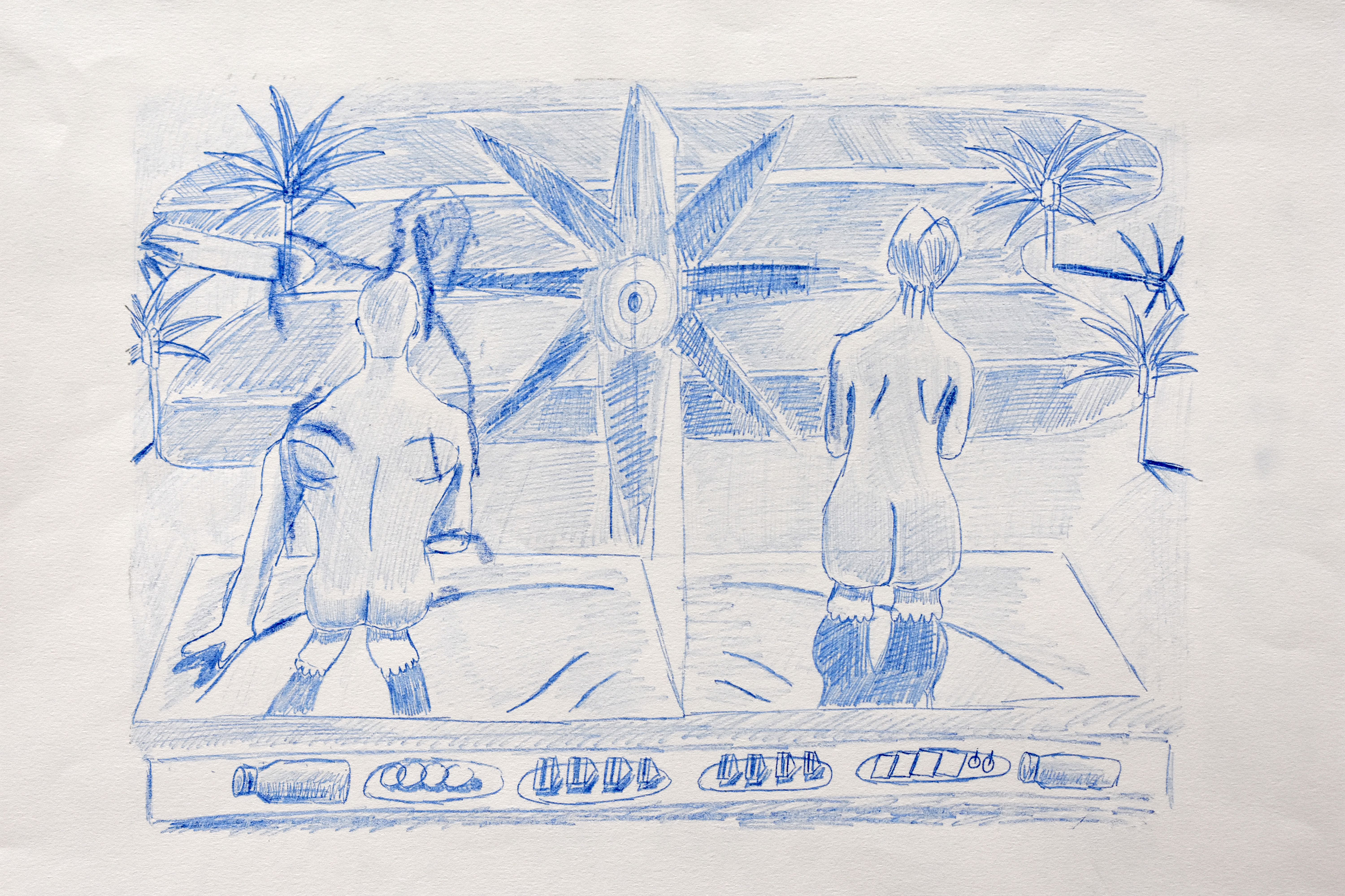 A blue sketch by Immanuel Adelowo shows two nude figures kneeling with their backs turned, divided by a large eight-pointed star with an eye in the centre. The background features potted plants, and the foreground displays various small objects arranged in a row.