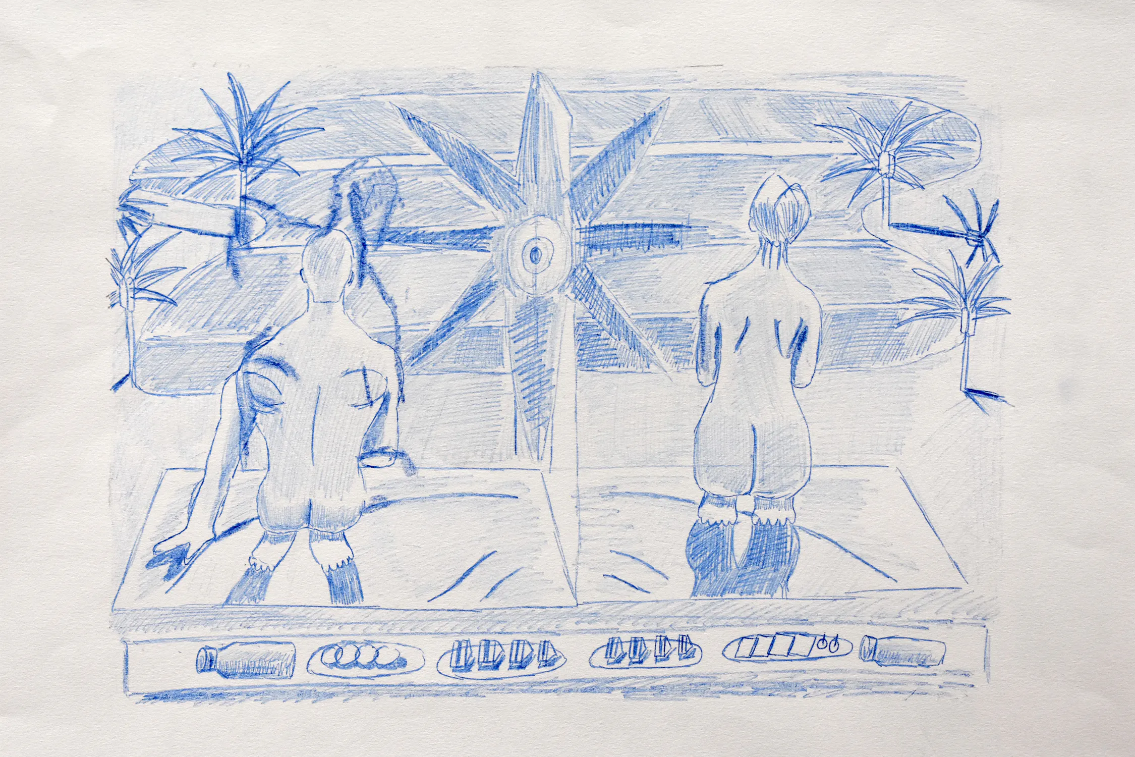 A blue sketch by Immanuel Adelowo shows two nude figures kneeling with their backs turned, divided by a large eight-pointed star with an eye in the centre. The background features potted plants, and the foreground displays various small objects arranged in a row.