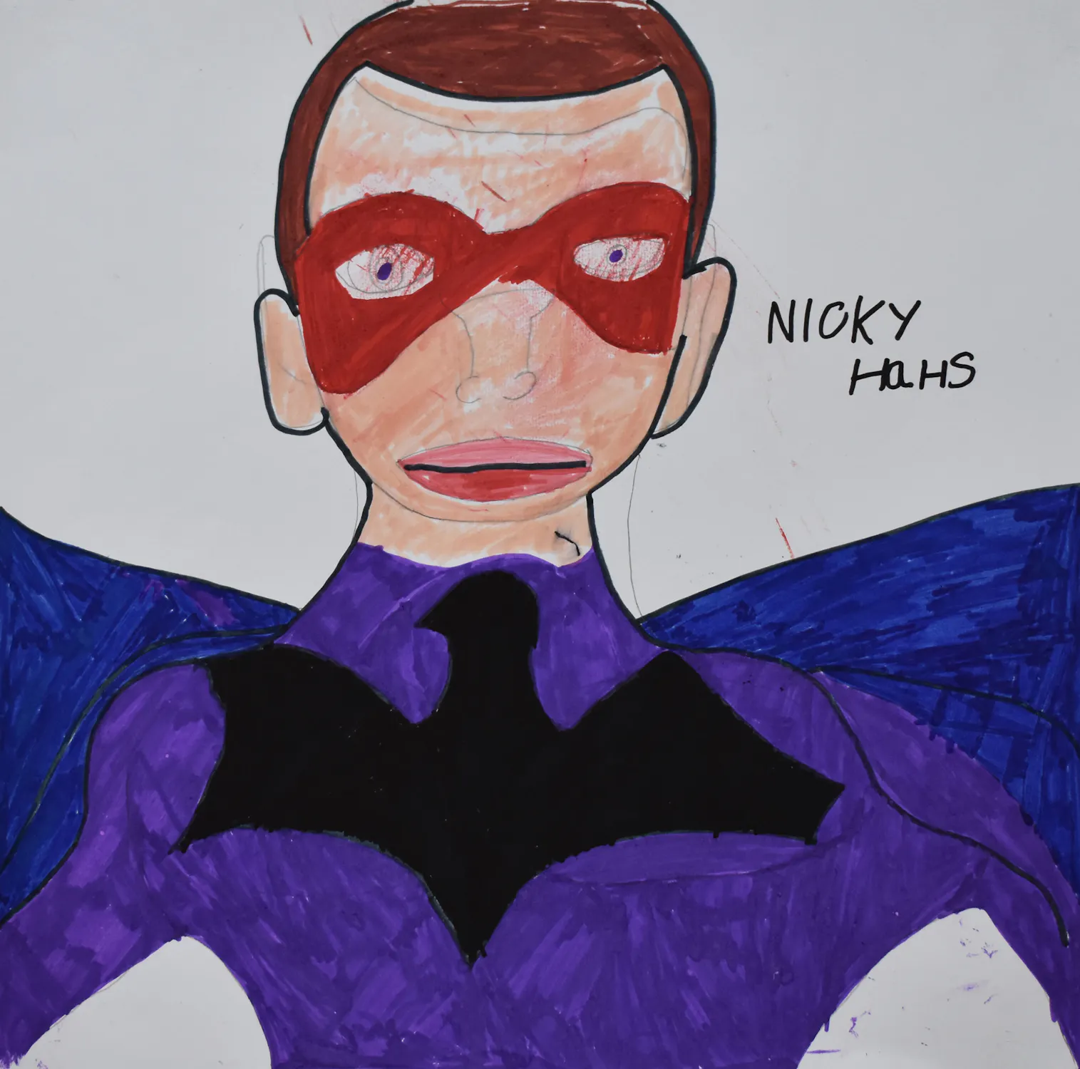 A drawing by Nicky Harris of a superhero with short brown hair, a red mask, and a purple suit featuring a black bat symbol on the chest. Blue wings extend from the shoulders. “NICKY HULHS” is written in black on the right side of the white background.