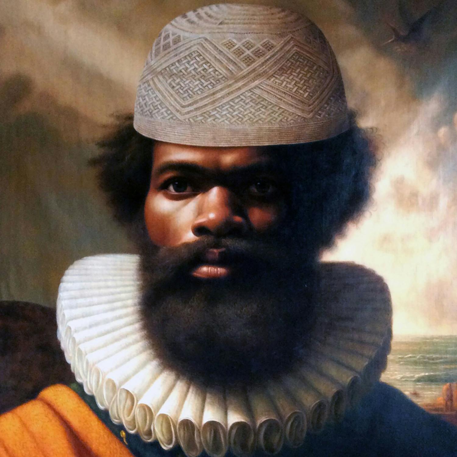 A painting of a Black man with a full beard wears a textured, light-coloured cap and a large, pleated white ruff collar, by Georges Senga. His expression is serious, and he stands against a stormy sky with a hint of ocean in the background, giving a historical portrait feel.