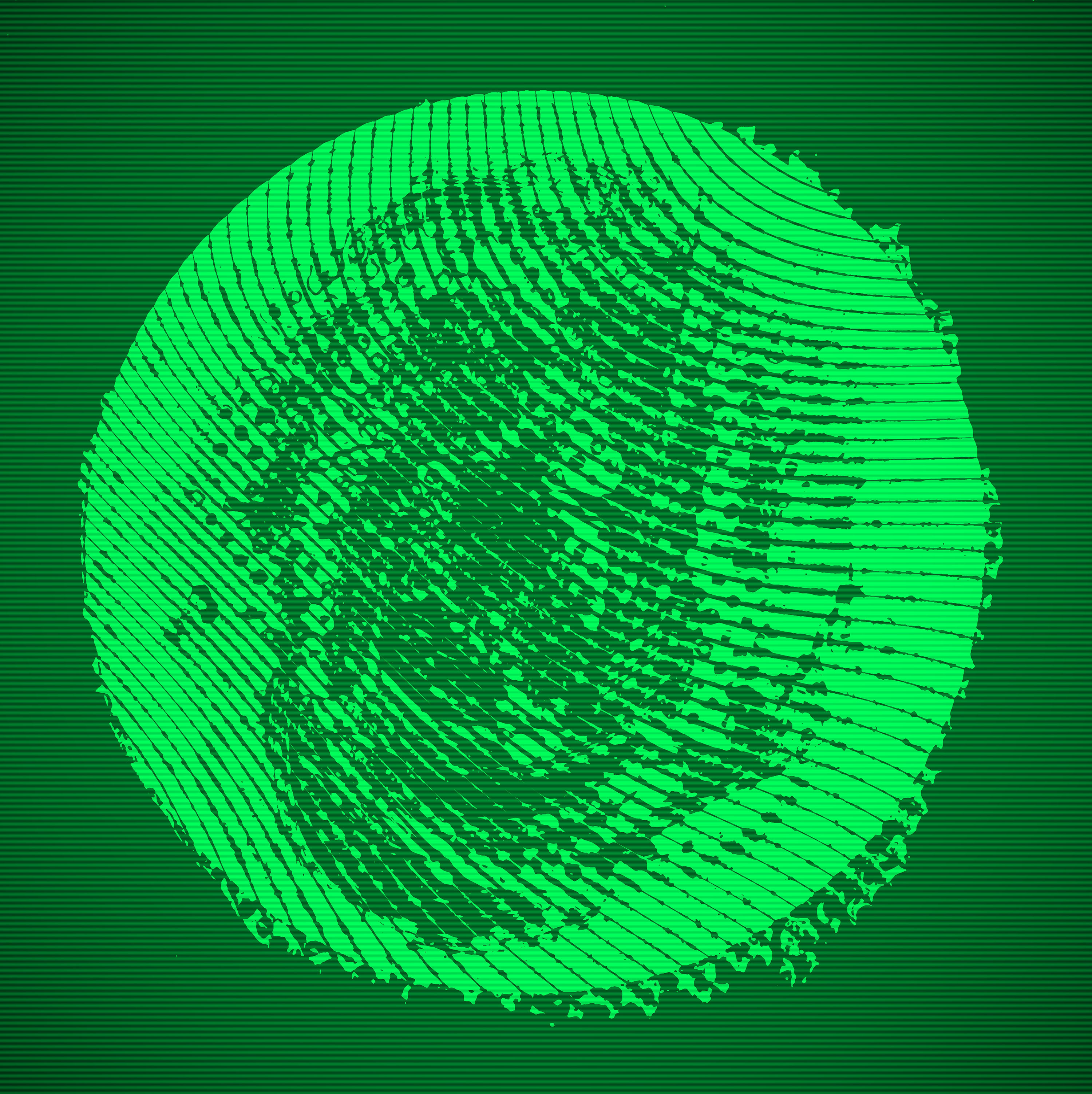 A bright green, circular fingerprint is overlaid with horizontal lines, creating a digital, grid-like effect on a dark green background. The lines distort and fragment the fingerprint, giving it a futuristic, high-tech appearance.