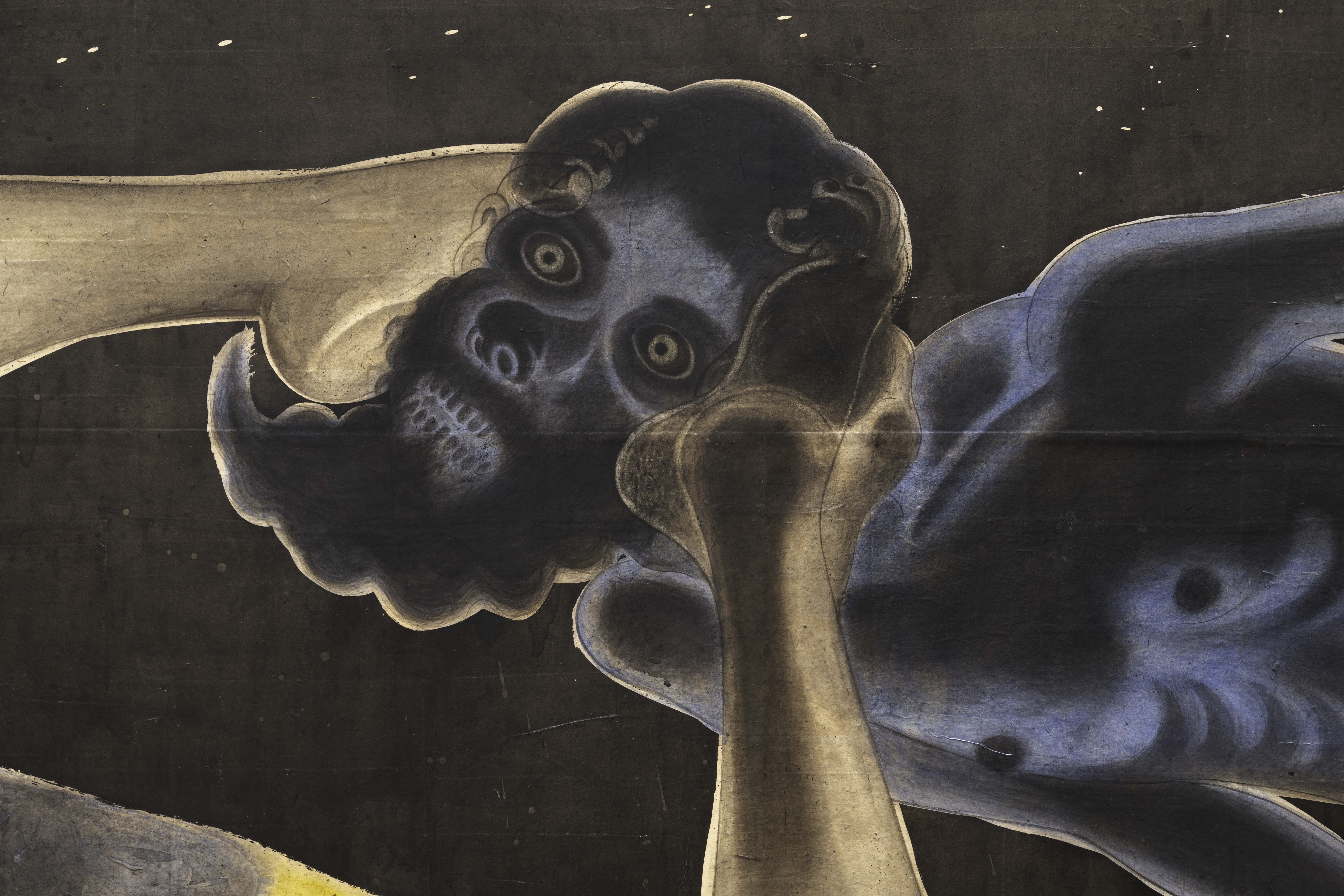 An illustration of a shadowy figure holding a man's head with their toes. The background is dark with scattered white dots, resembling stars. The figure is rendered in dark blues and blacks with lighter skin tones for the skull and one of its hands.