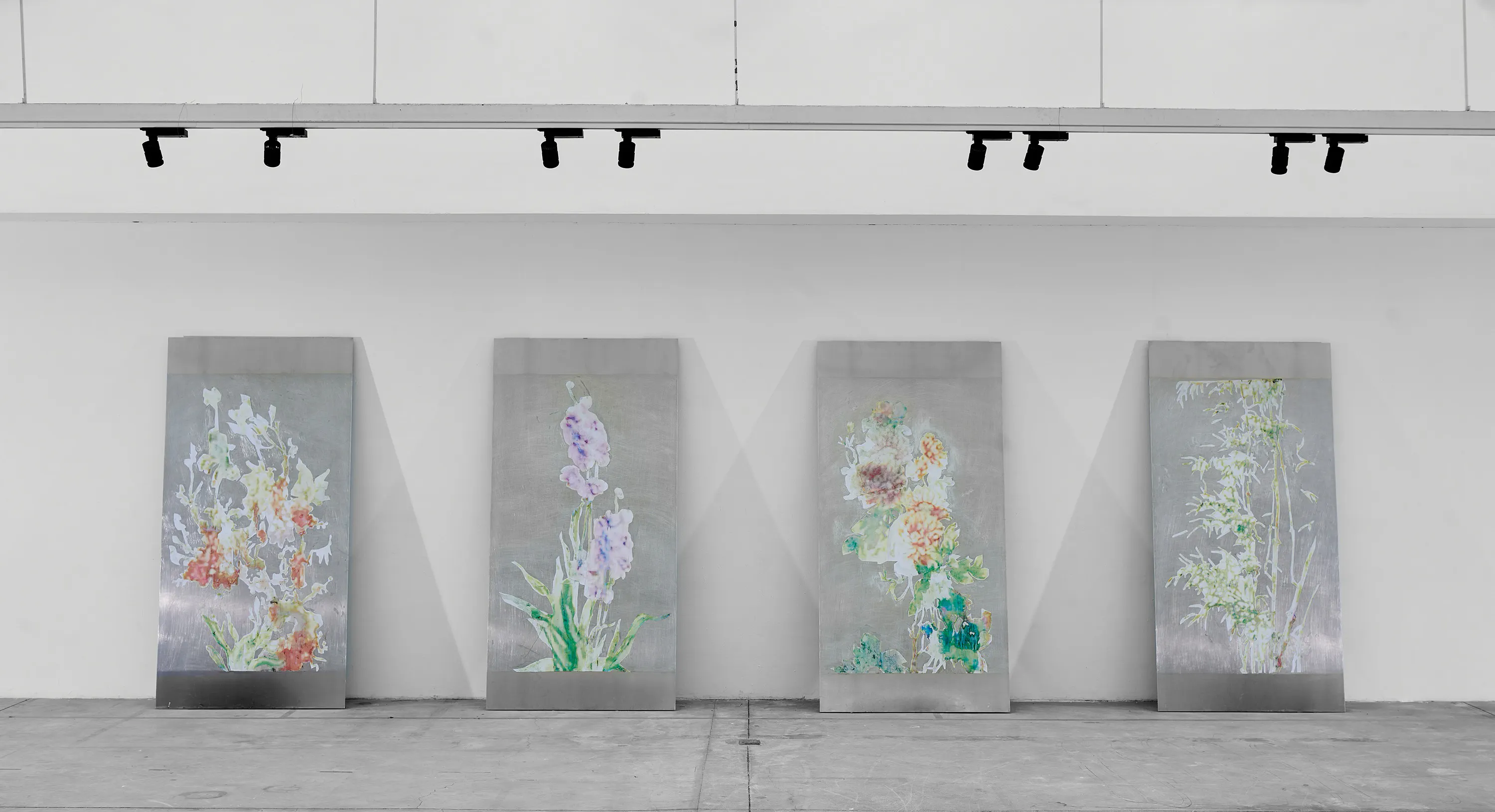 
Four large, rectangular metal panels with delicate, pastel-coloured botanical illustrations stand upright against a white gallery wall under black track lights. The flowers and plants on each panel differ in shape and colour, with a concrete floor below.