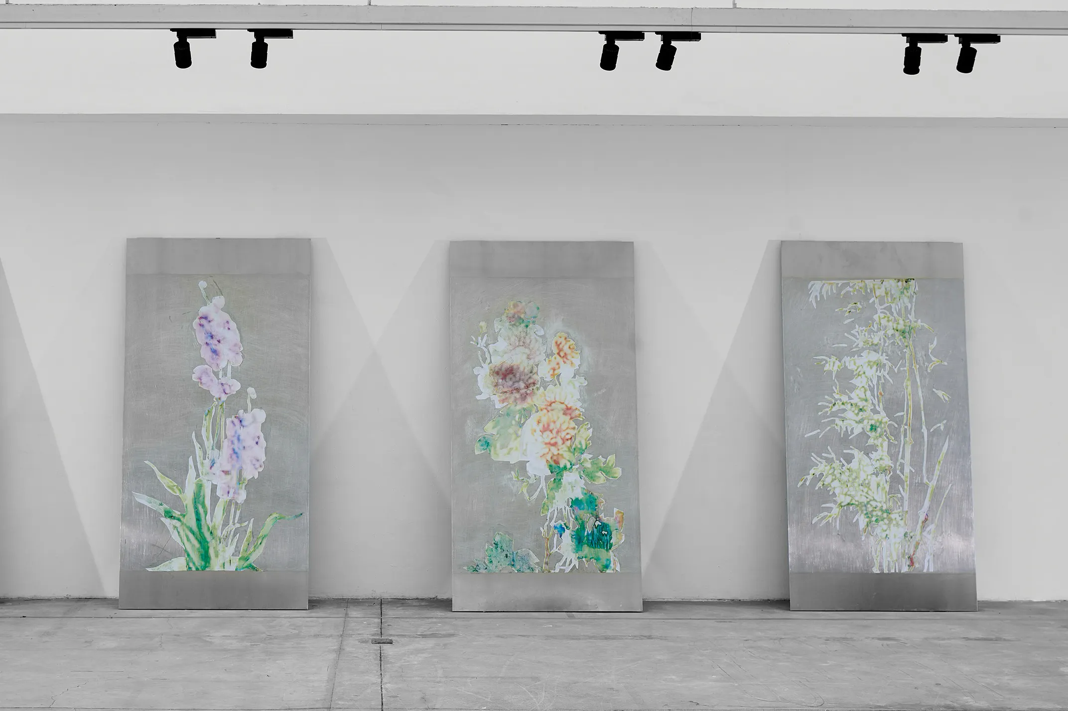 Three large, rectangular metal panels with delicate, pastel-coloured botanical illustrations stand upright against a white gallery wall under black track lights. The flowers and plants on each panel differ in shape and colour, with a concrete floor below.