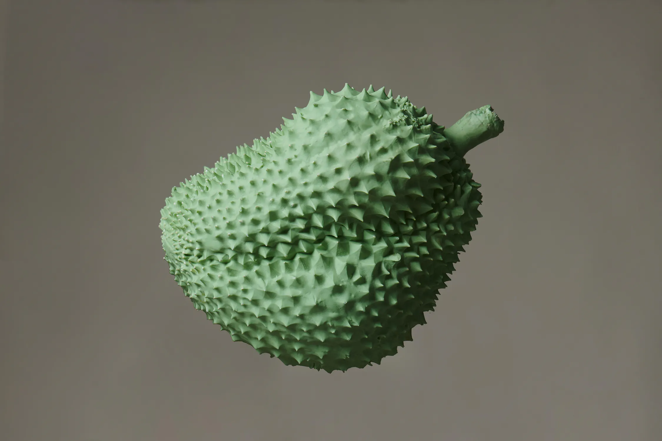 A single, green, spiky fruit resembling a durian is centred against a plain, neutral grey background. The fruit has a rough, pointed texture and a short stem on one end. The lighting is even, highlighting the spiky surface.