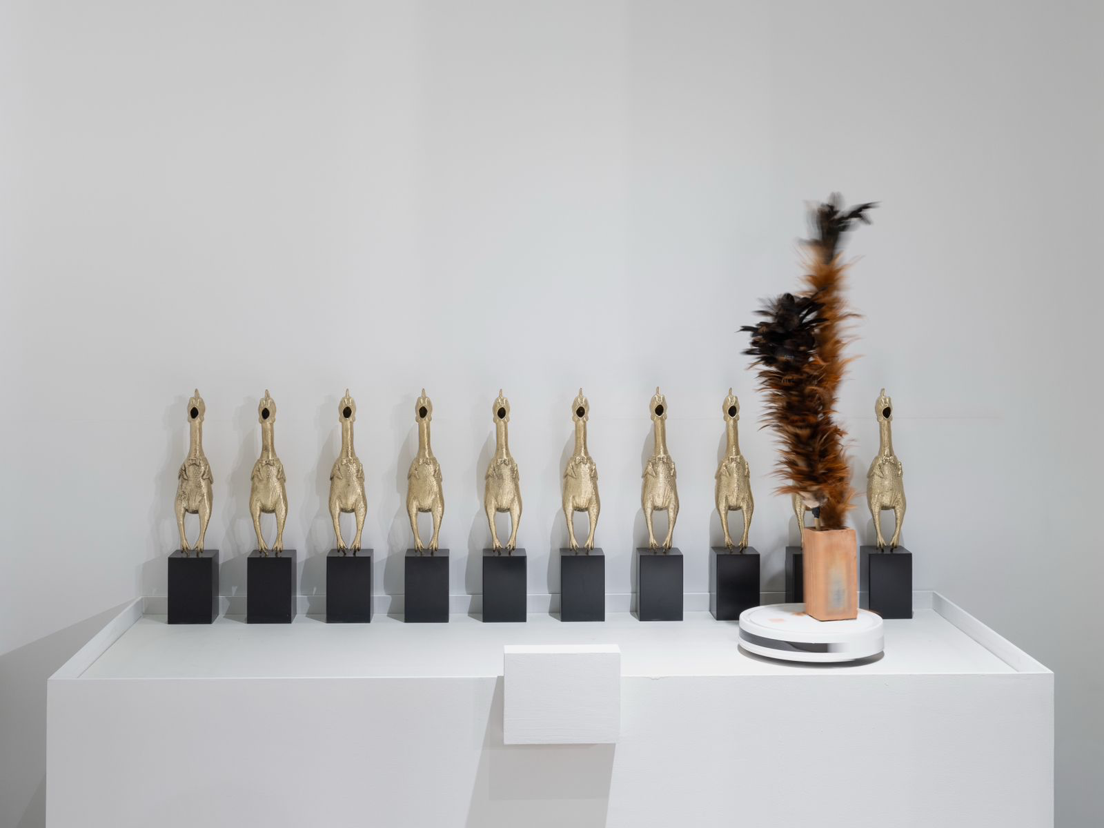 A row of nine identical golden bird sculptures on black bases is displayed on a white plinth. To the right, a vase holds tall brown and black feathers. The background is plain white, highlighting the objects on display.