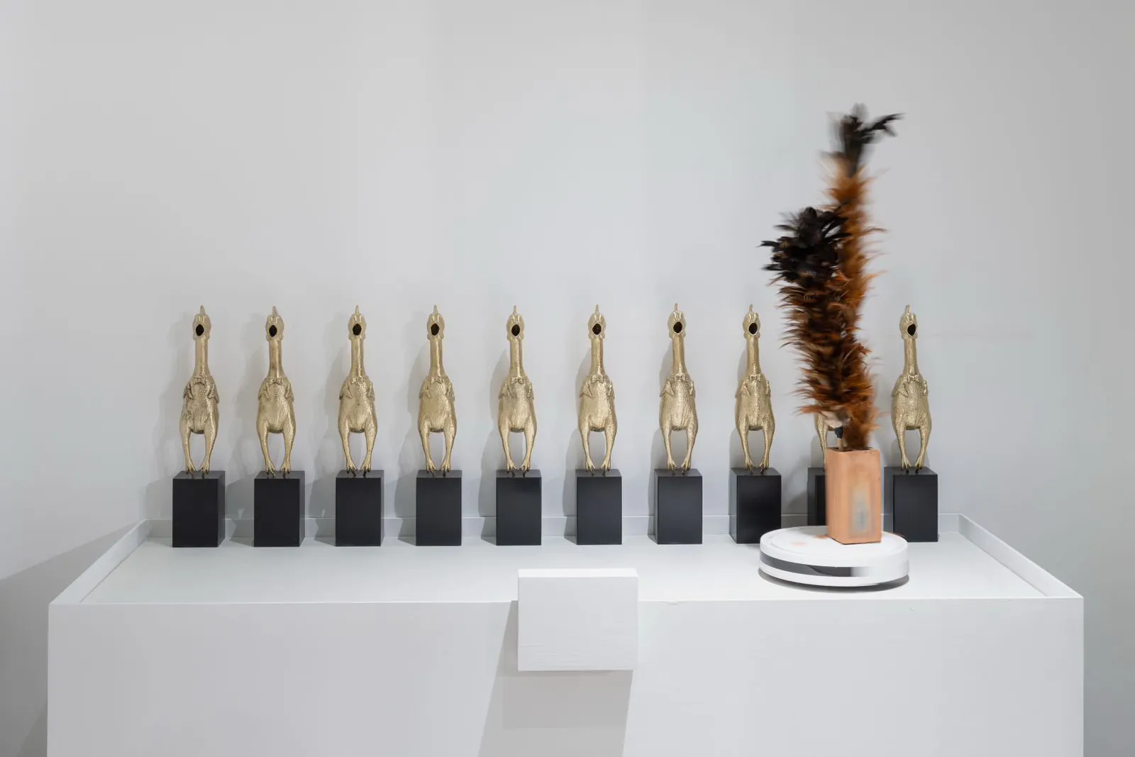 A row of nine identical golden bird sculptures on black bases is displayed on a white plinth. To the right, a vase holds tall brown and black feathers. The background is plain white, highlighting the objects on display.