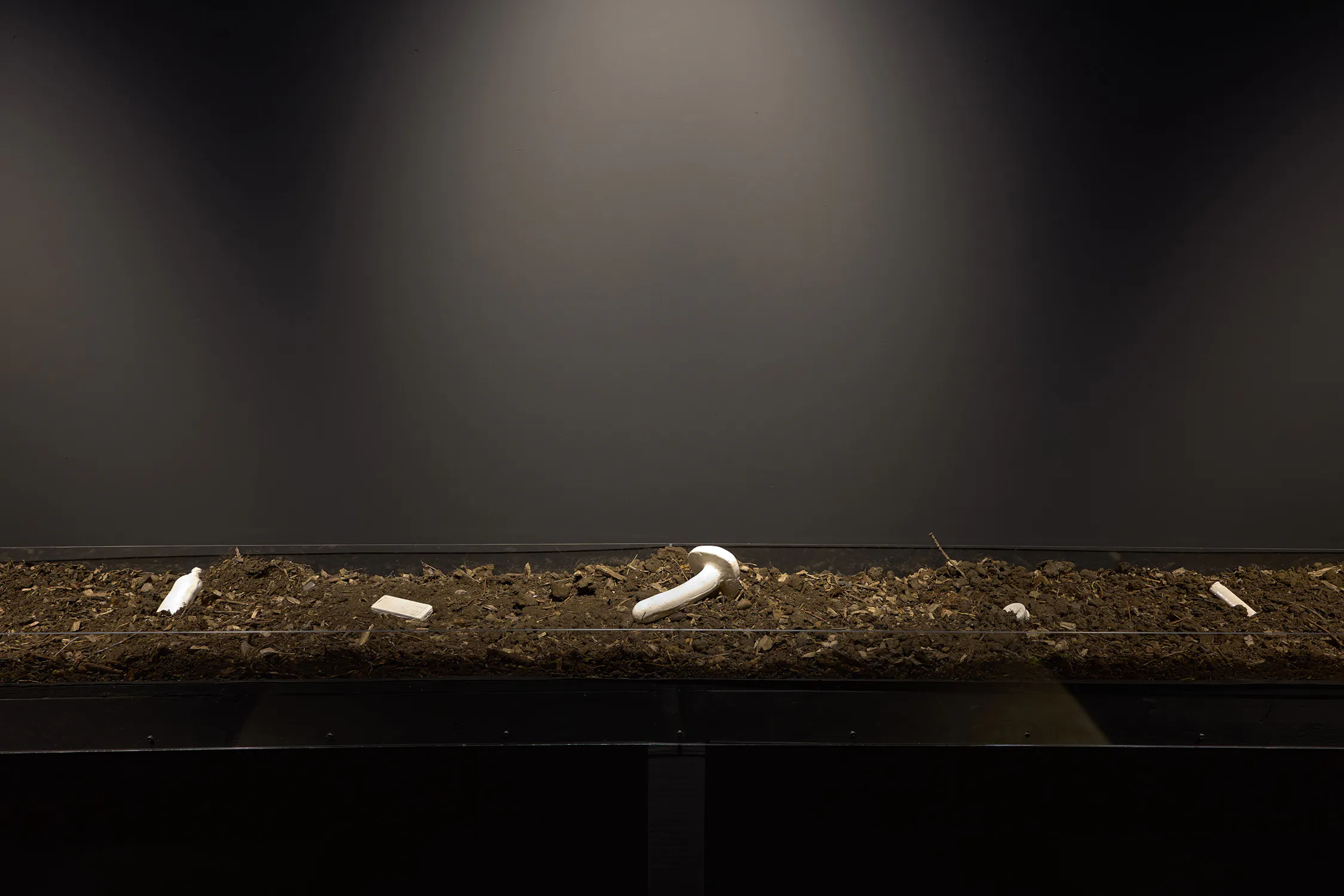 A strip of soil sits against a dark, blank wall. Scattered in the earth are several white casts of a vape, a mobile phone and a sex toy, partially buried. The scene is starkly lit from above, casting dramatic shadows and emphasising the barren, minimal environment.