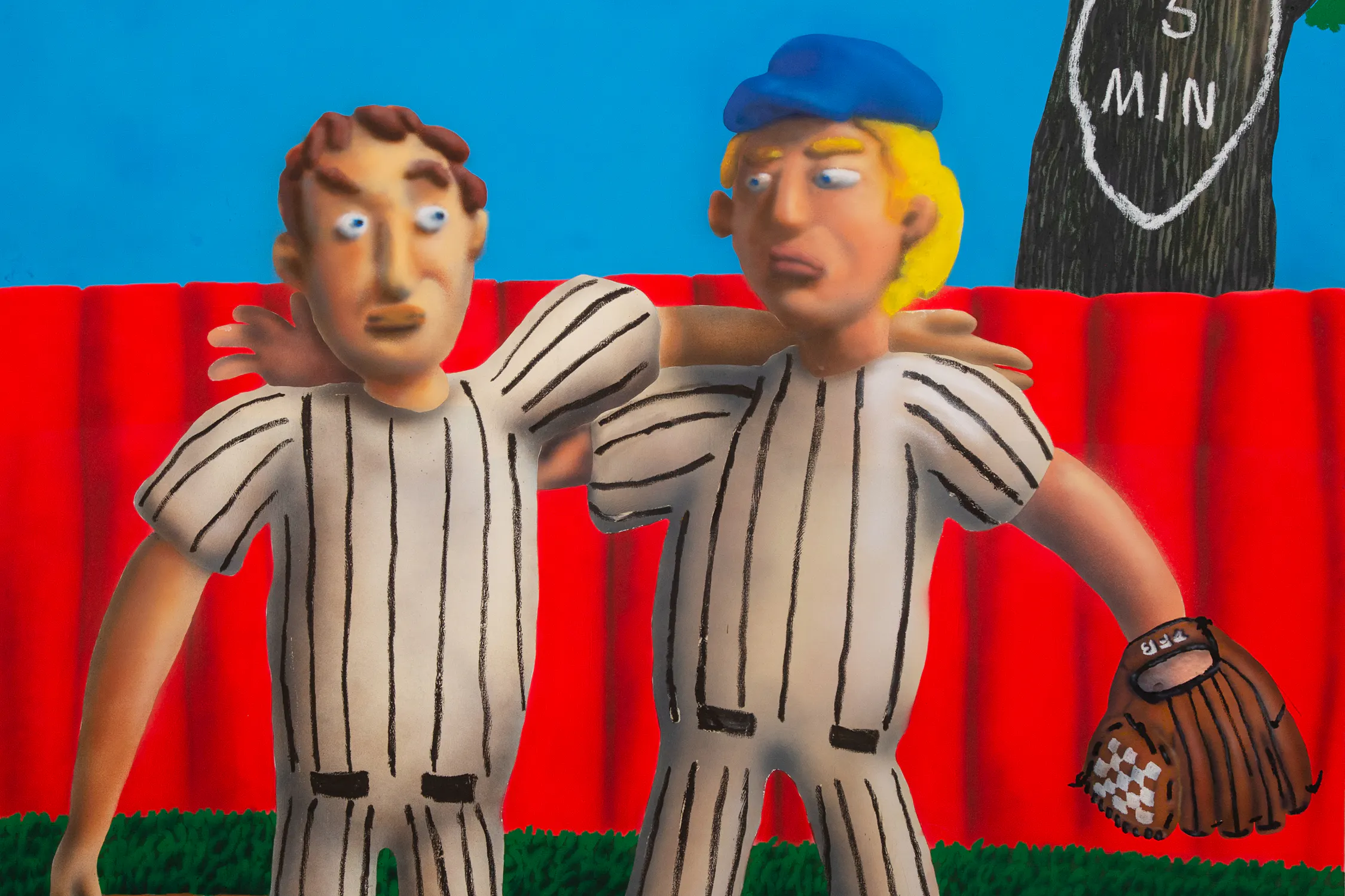 Two claymation style baseball players in striped uniforms stand arm in arm. One wears a blue cap and a glove, while the other has curly hair. They stand on grass with a red fence and a scoreboard reading “5 MIN” in the background, under a clear blue sky.