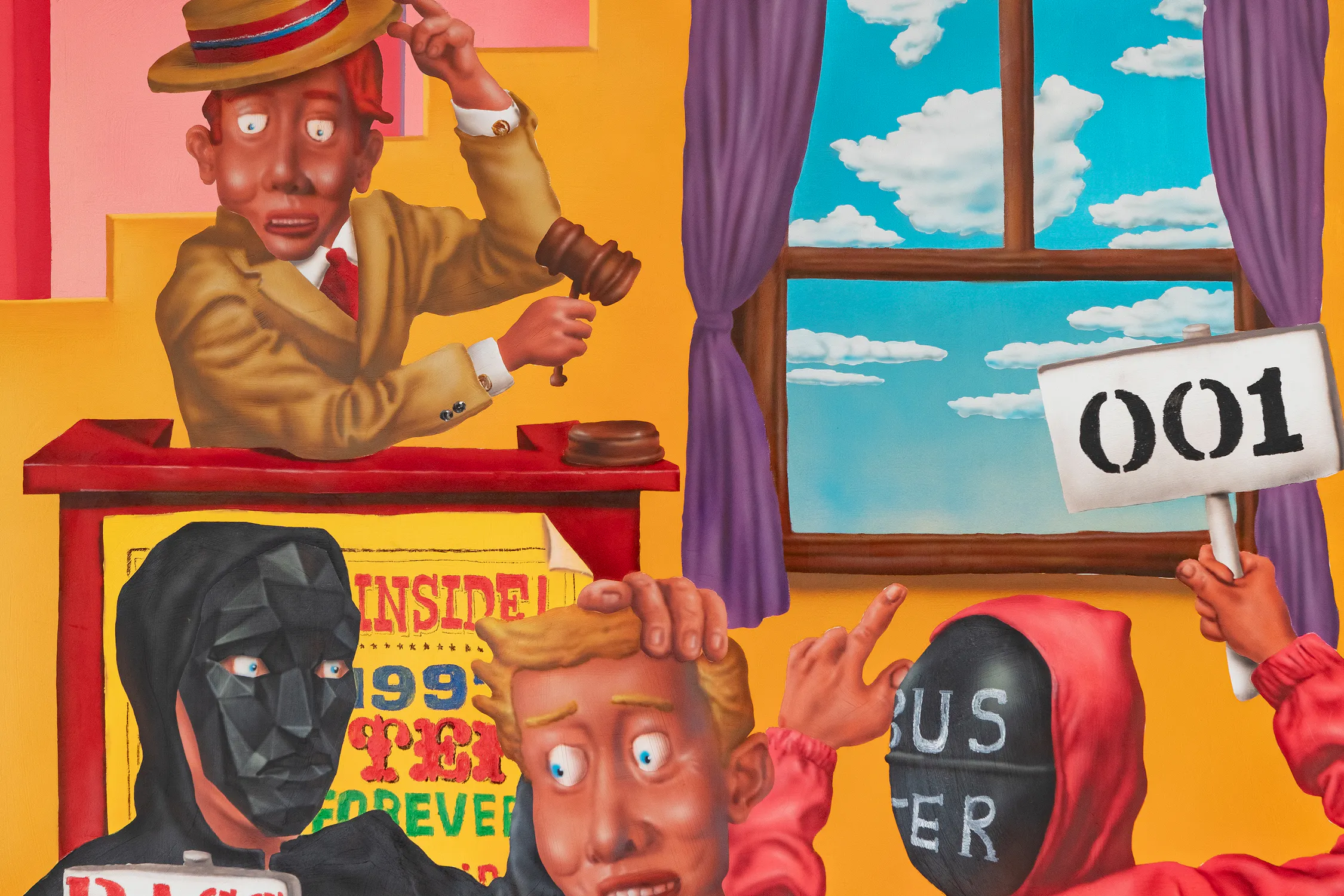 A judge in a brown suit and striped hat bangs a gavel at a lectern. A window shows blue sky with clouds. Below, masked and unmasked figures hold up a "001" sign and point at each other, with anxious expressions and contrasting colourful outfits.