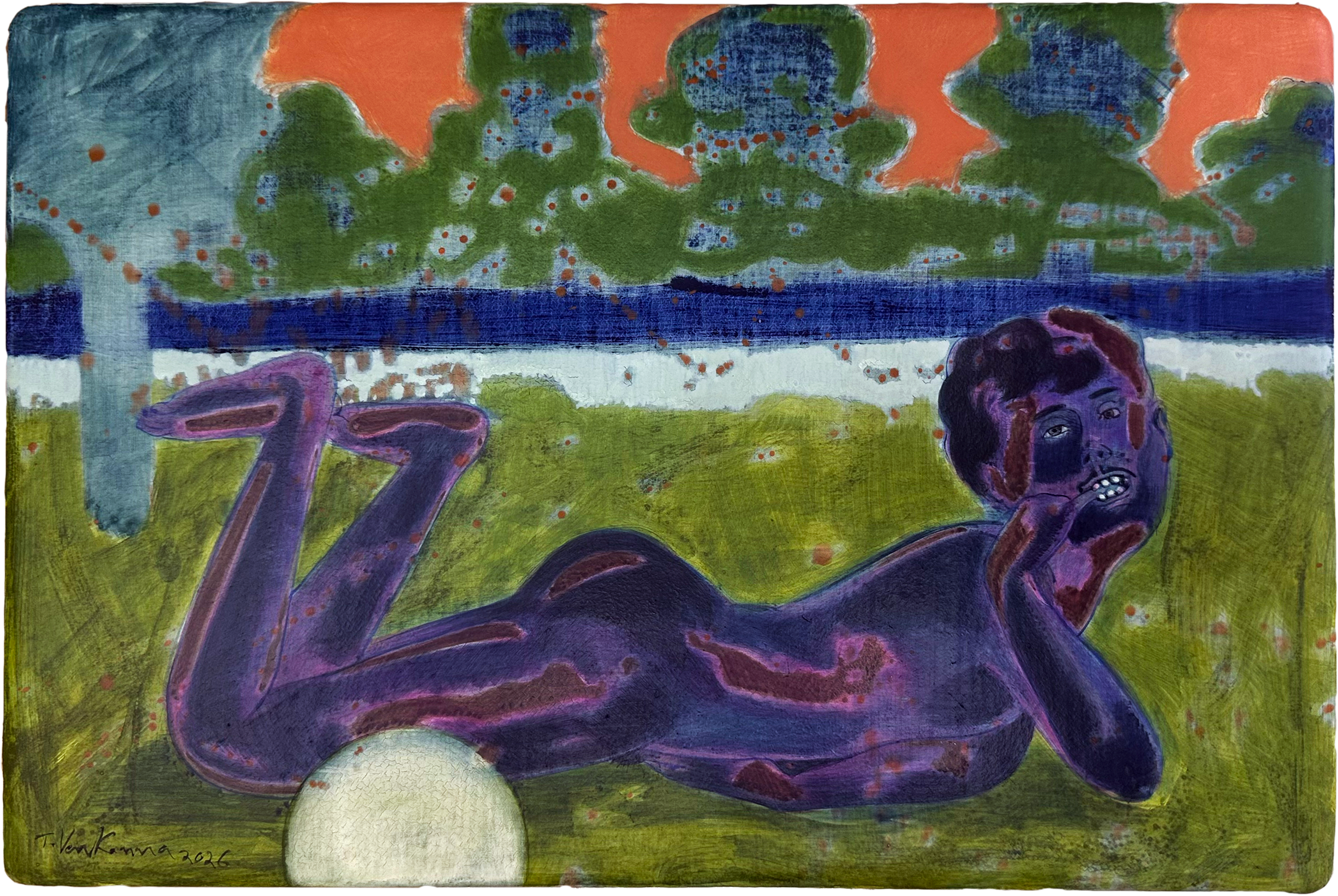 Painting by T. Venkanna. A nude figure with purple skin lies on their stomach on green grass, propped on elbows, holding one hand near their mouth. Behind them is a white sphere, blue water, and abstract green trees with an orange sky. The painting uses vivid, expressive colours.
