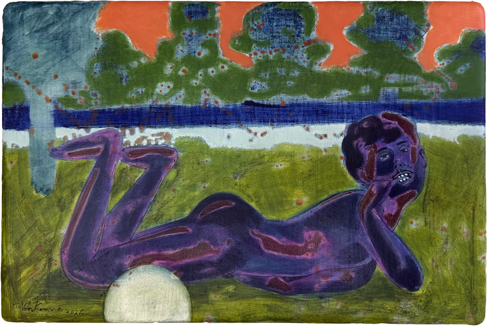 Painting by T. Venkanna. A nude figure with purple skin lies on their stomach on green grass, propped on elbows, holding one hand near their mouth. Behind them is a white sphere, blue water, and abstract green trees with an orange sky. The painting uses vivid, expressive colours.